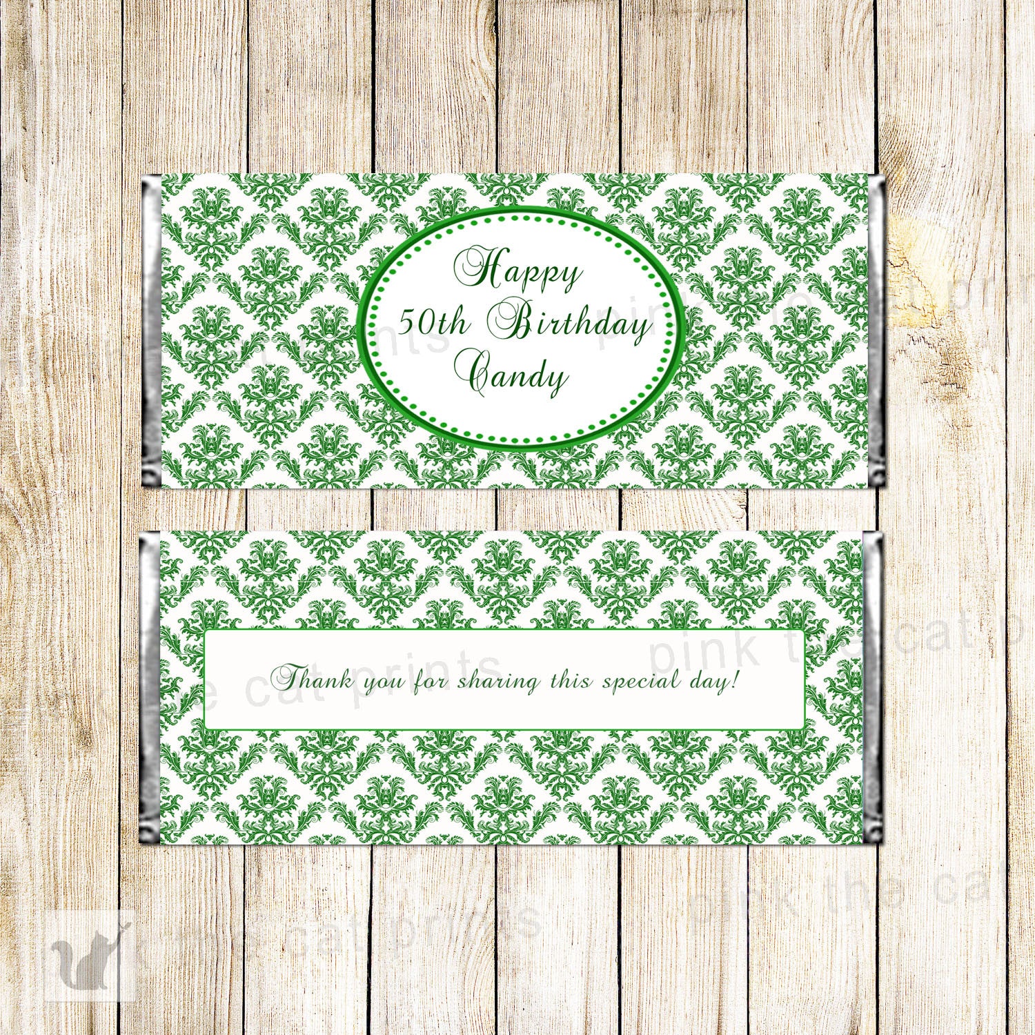 Green White Damask Adult Birthday Bridal Shower Candy Bar Label Wrapper