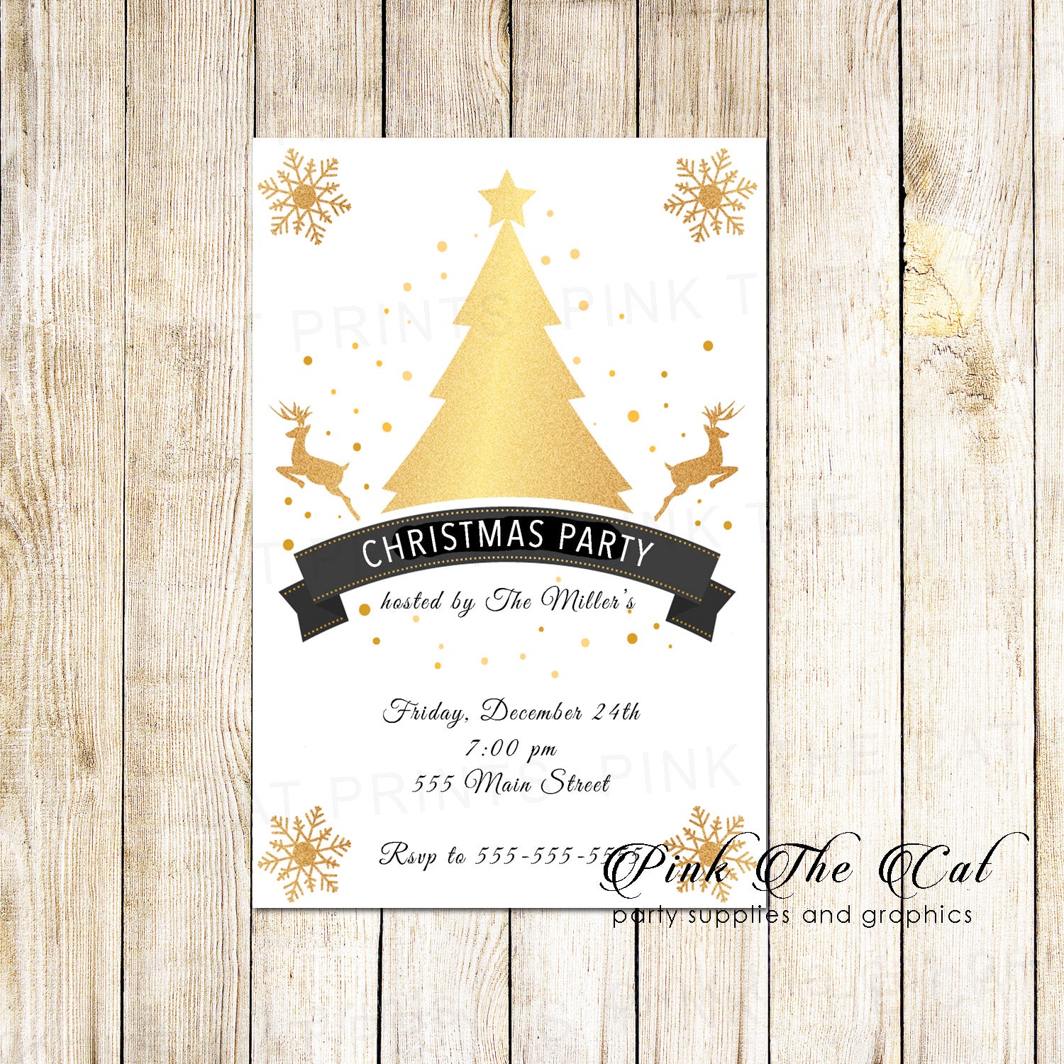 30 Holiday christmas party invitation gold raindeer tree