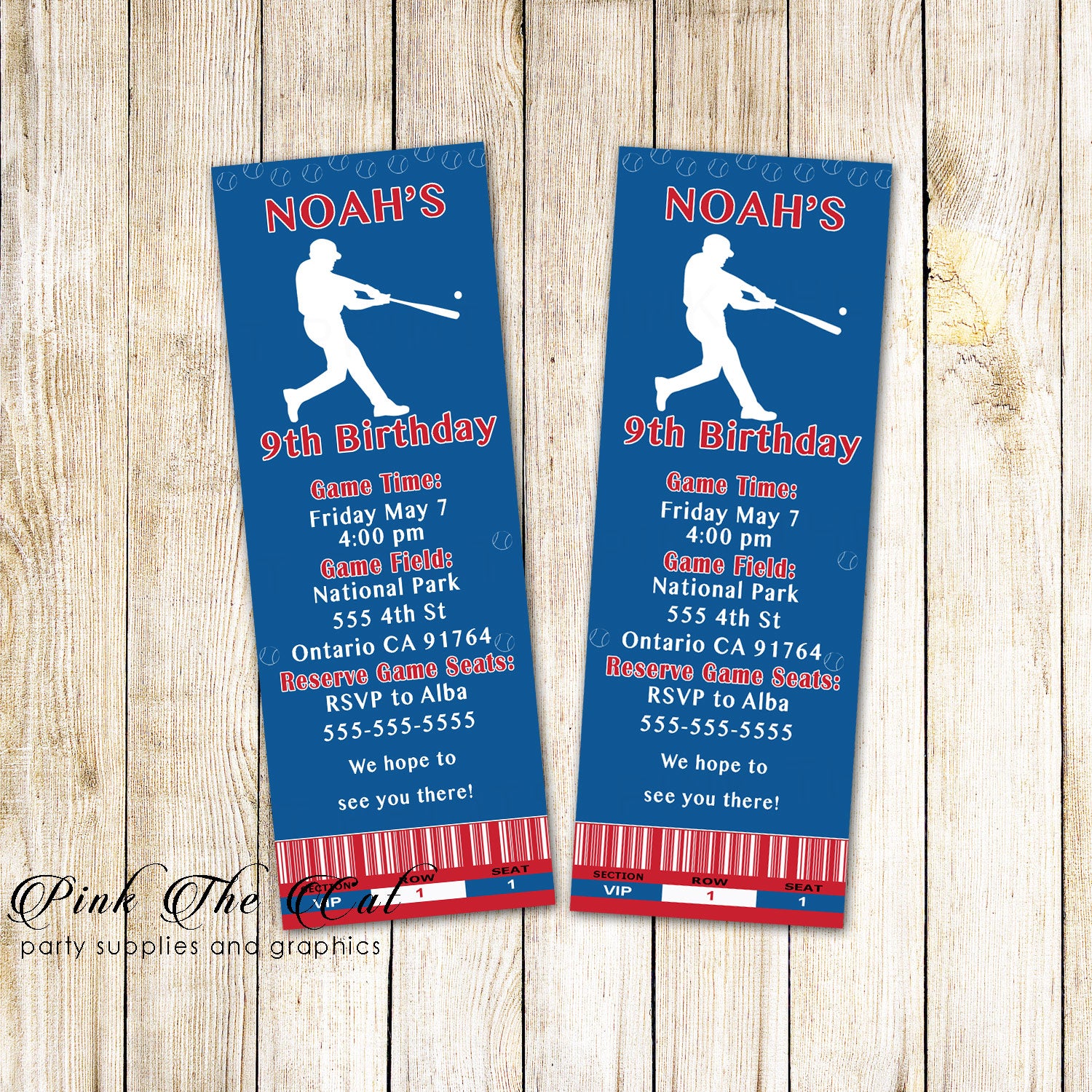 Baseball ticket invitation blue red printable personalized
