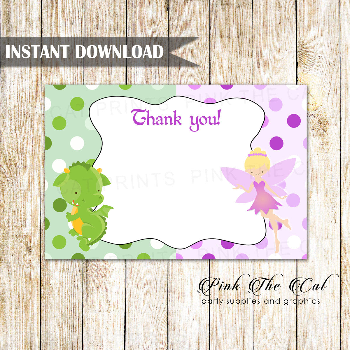 Dragon Fairy Kids Birthday Thank You Card Purple Green Printable