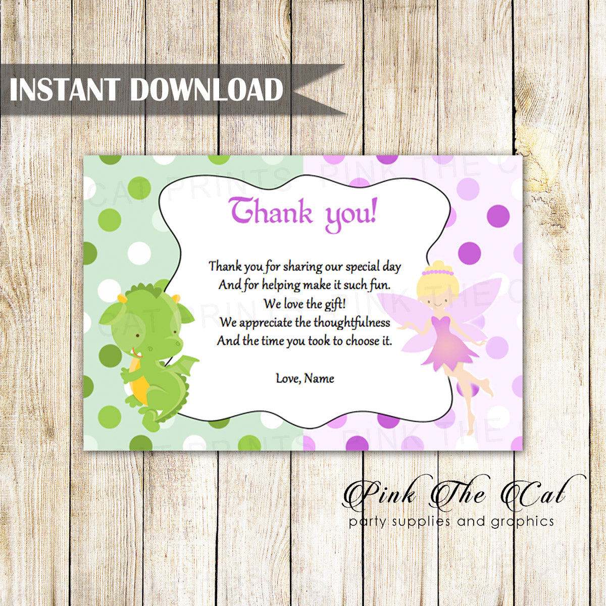 Dragon fairy thank you card kids birthday printable