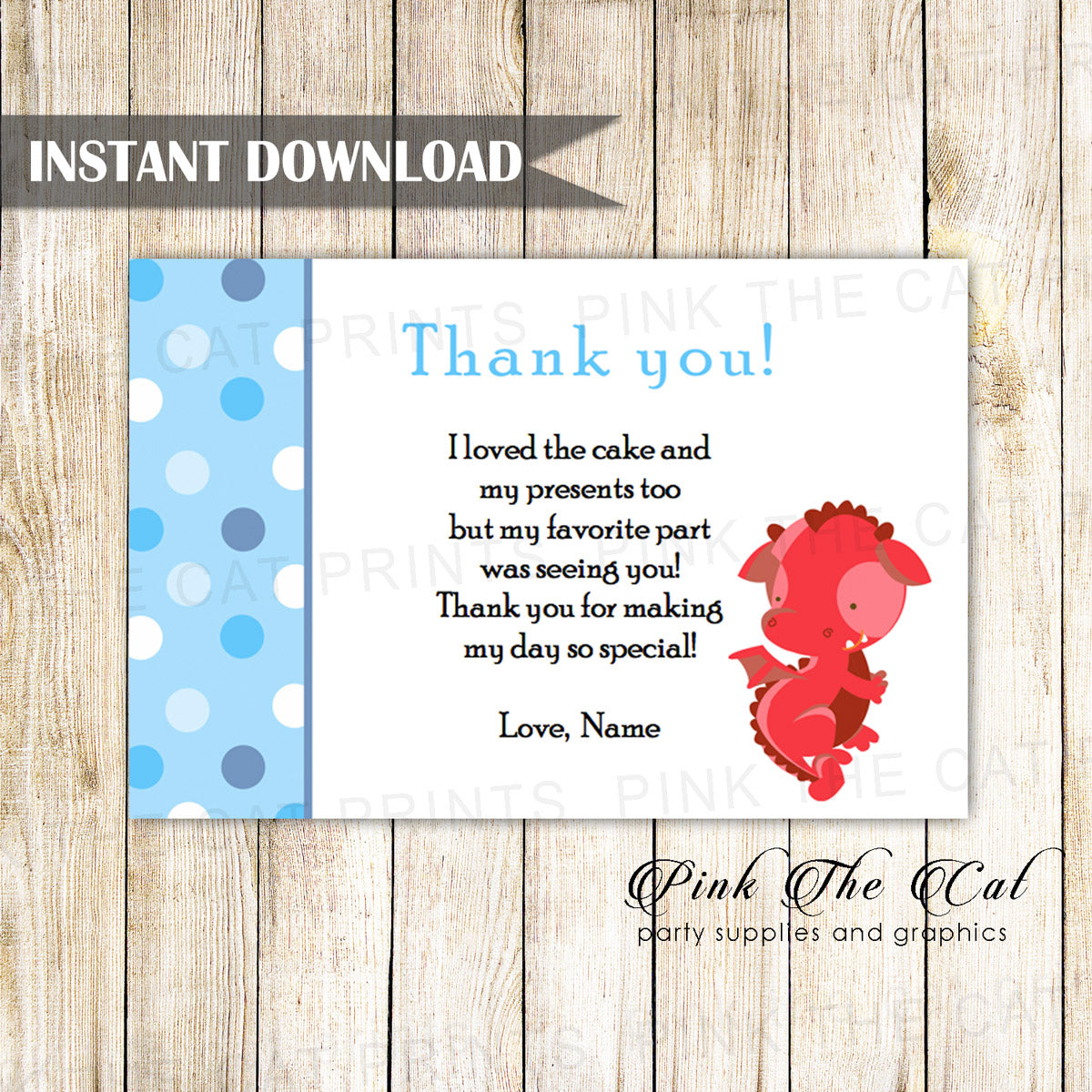 Dragon Thank You Card Note Boy Birthday Baby Shower Printable