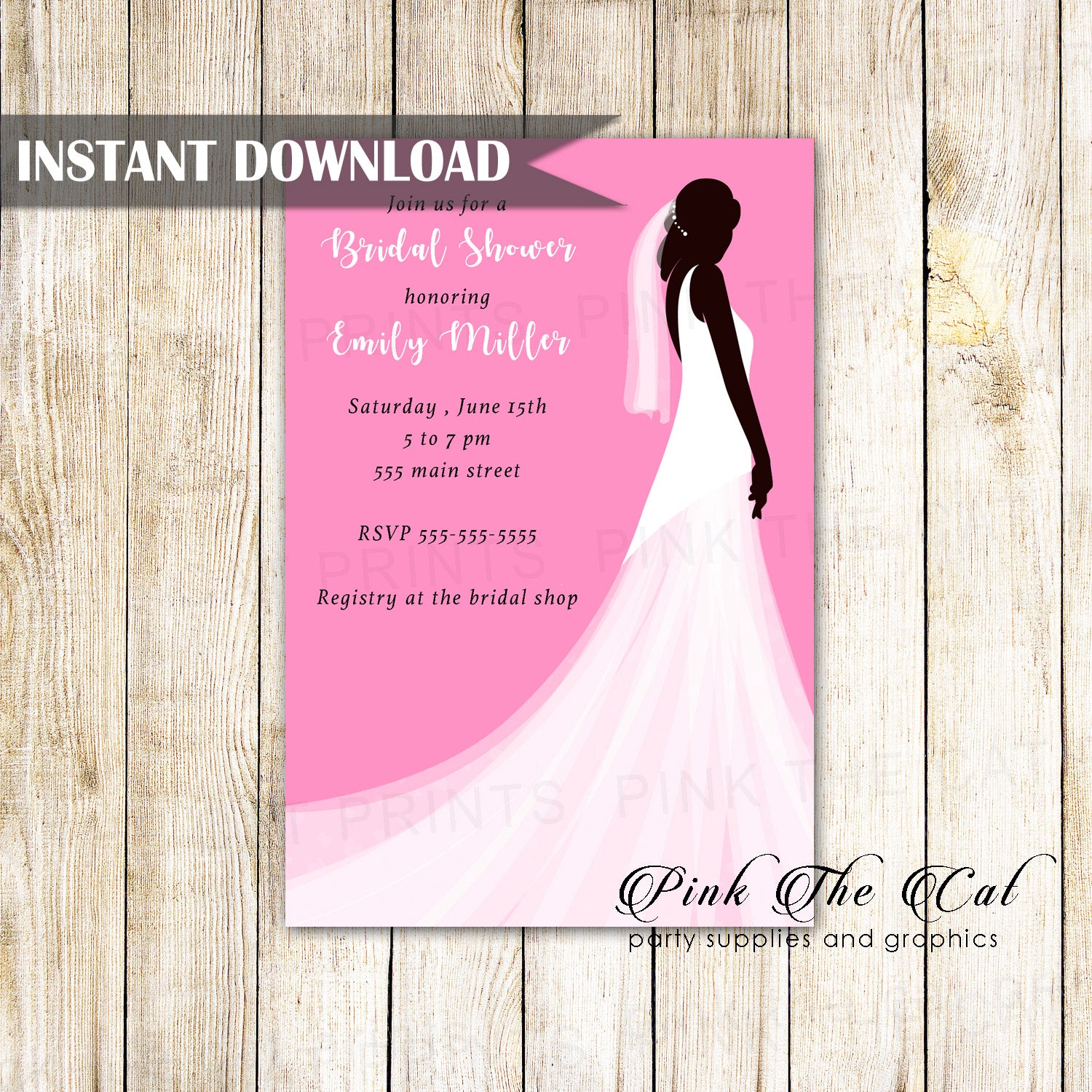 Dress invitation pink white wedding bridal shower instant download