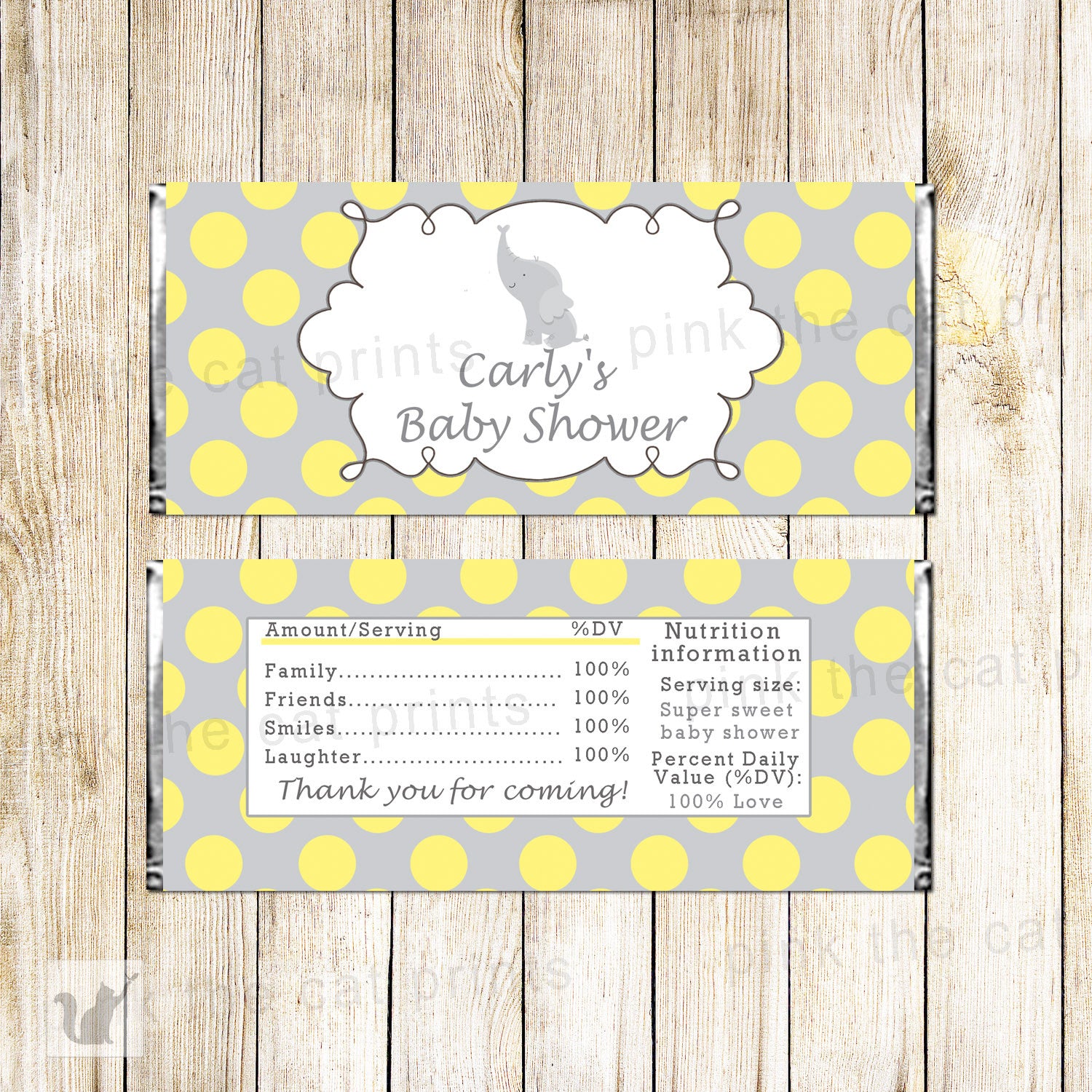 Elephant Candy Label Wrapper Birthday Baby Shower Yellow Grey