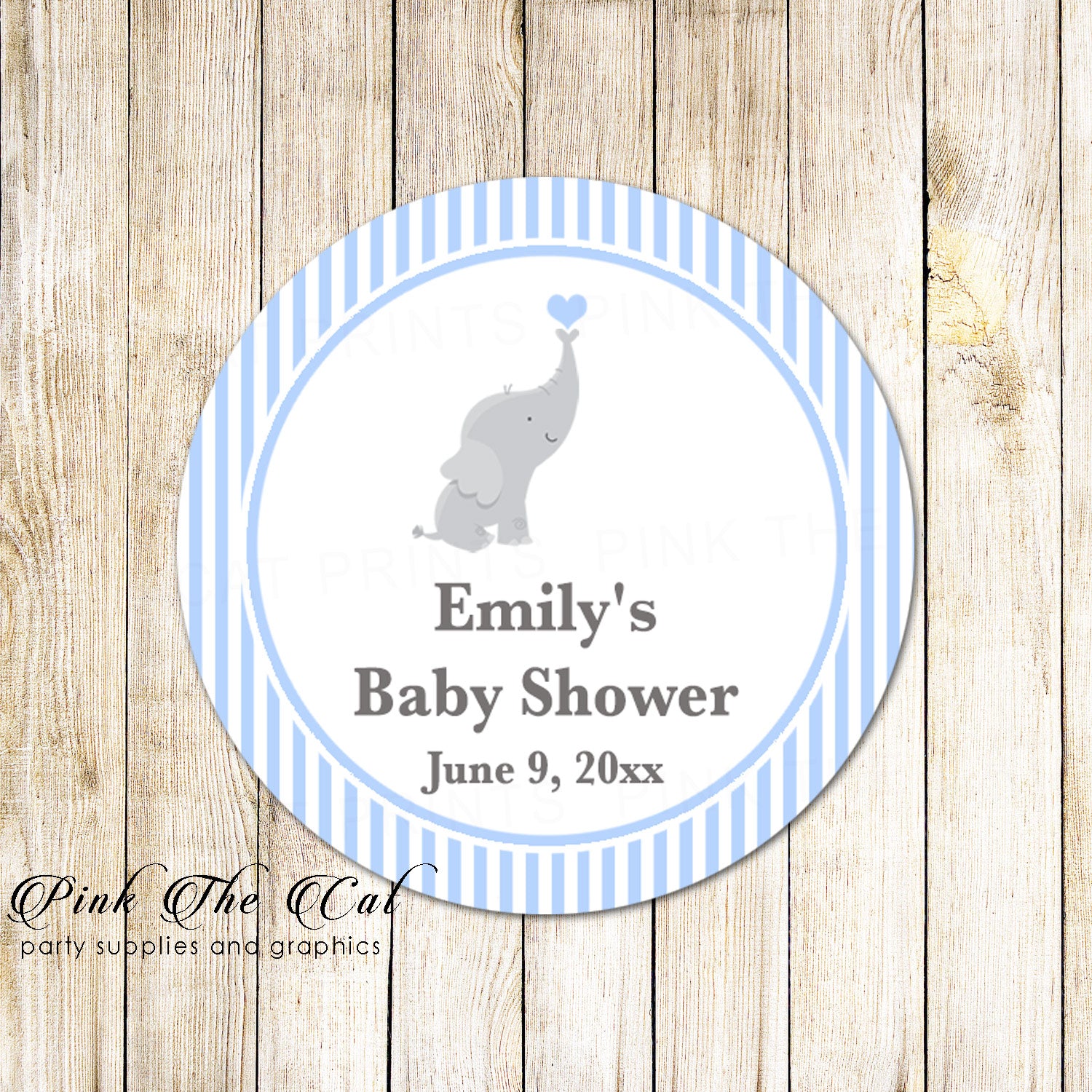 Elephant favor label blue stripes printable personalized