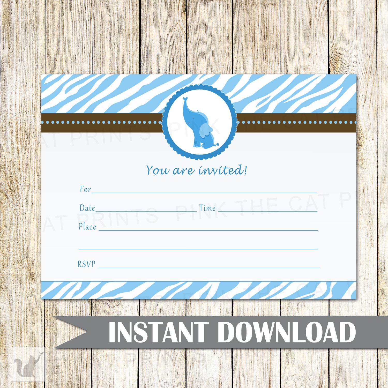 Elephant Invitation Fill In Blank Boy Bithday Baby Shower Blue Zebra Brown