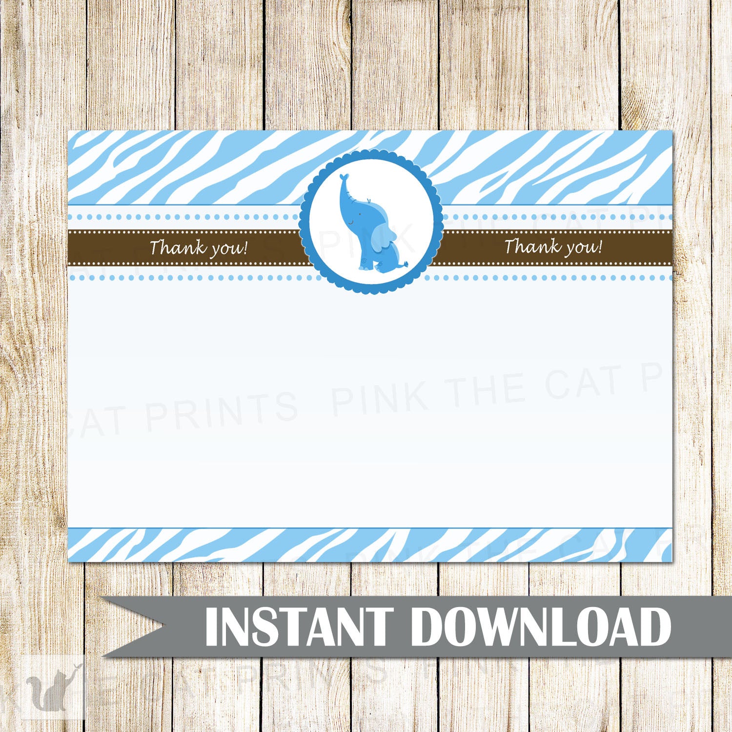 Elephant Blank Thank You Card Note Birthday Baby Boy Shower Blue Brown