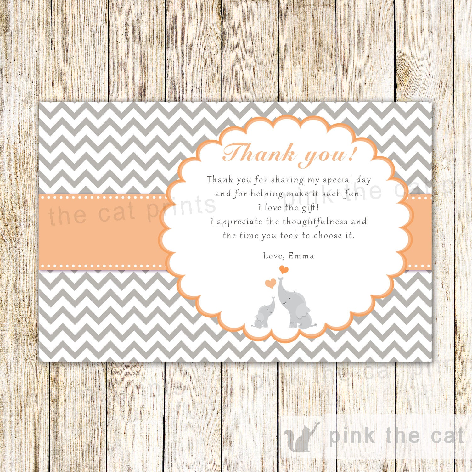 Elephant Thank You Card Note Unisex Baby Shower Orange Peach Grey