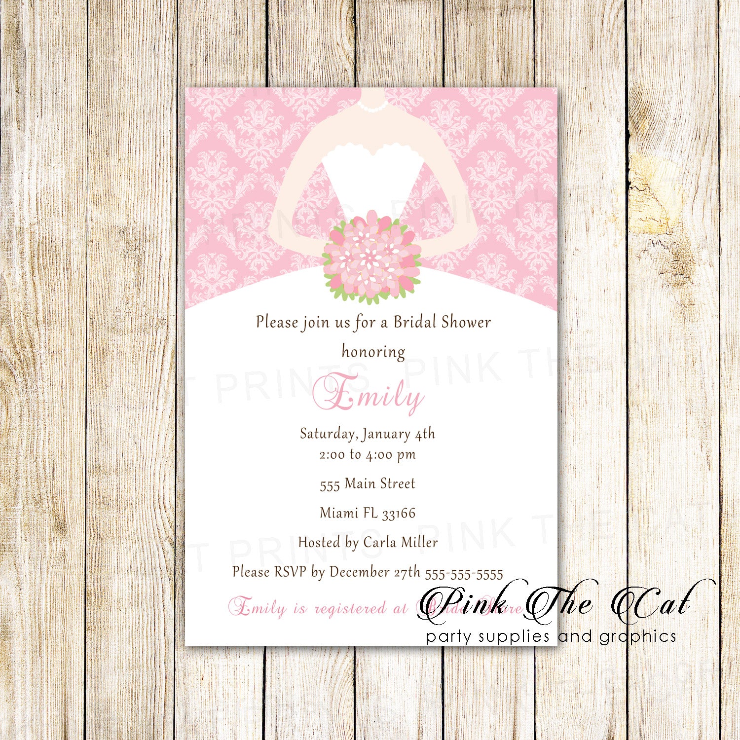 Dress Invitation Bridal Shower Sweet 16 Pink Damask Printable