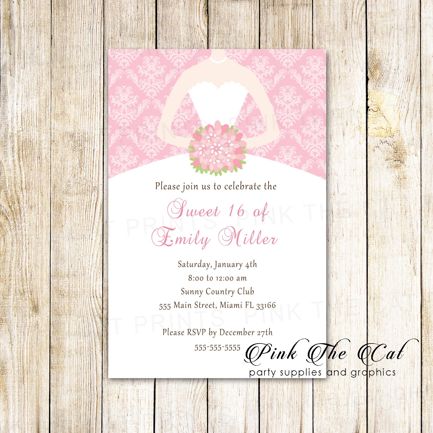 100 invitations sweet 16 quinceanera pink dress with envelopes