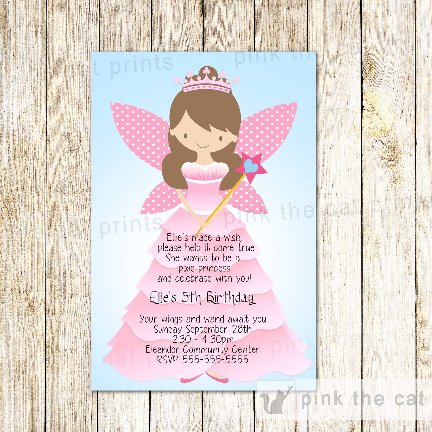 Fairy Invitation Pink Pixie Dress Birthday Baby Girl Shower Pink the Cat Fairy Invitation Pink Pixie Dress Birthday Baby Girl Shower Pink the Cat