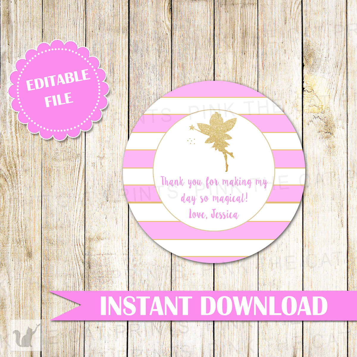 Fairy Gift Favor Label Sticker Tag Glitter Gold Pink