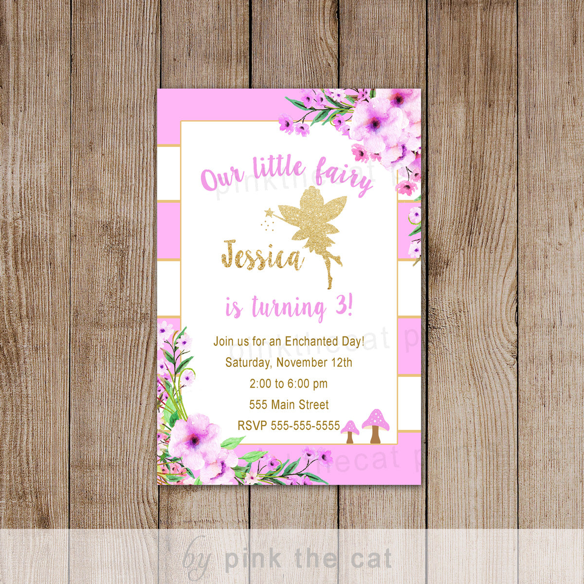 Fairy Invitation Girl Birthday Party Glitter Pink