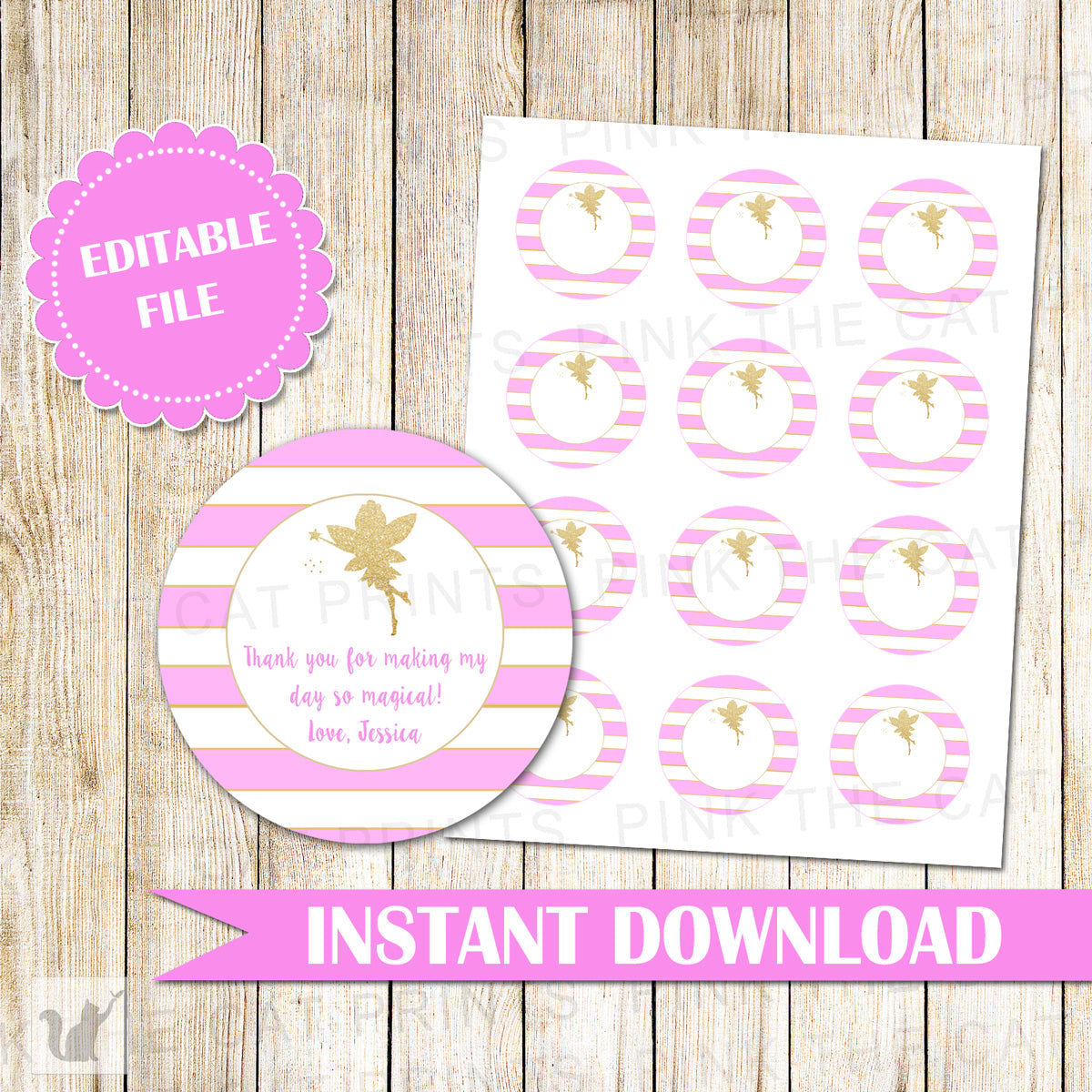 Fairy Gift Favor Label Sticker Tag Glitter Gold Pink
