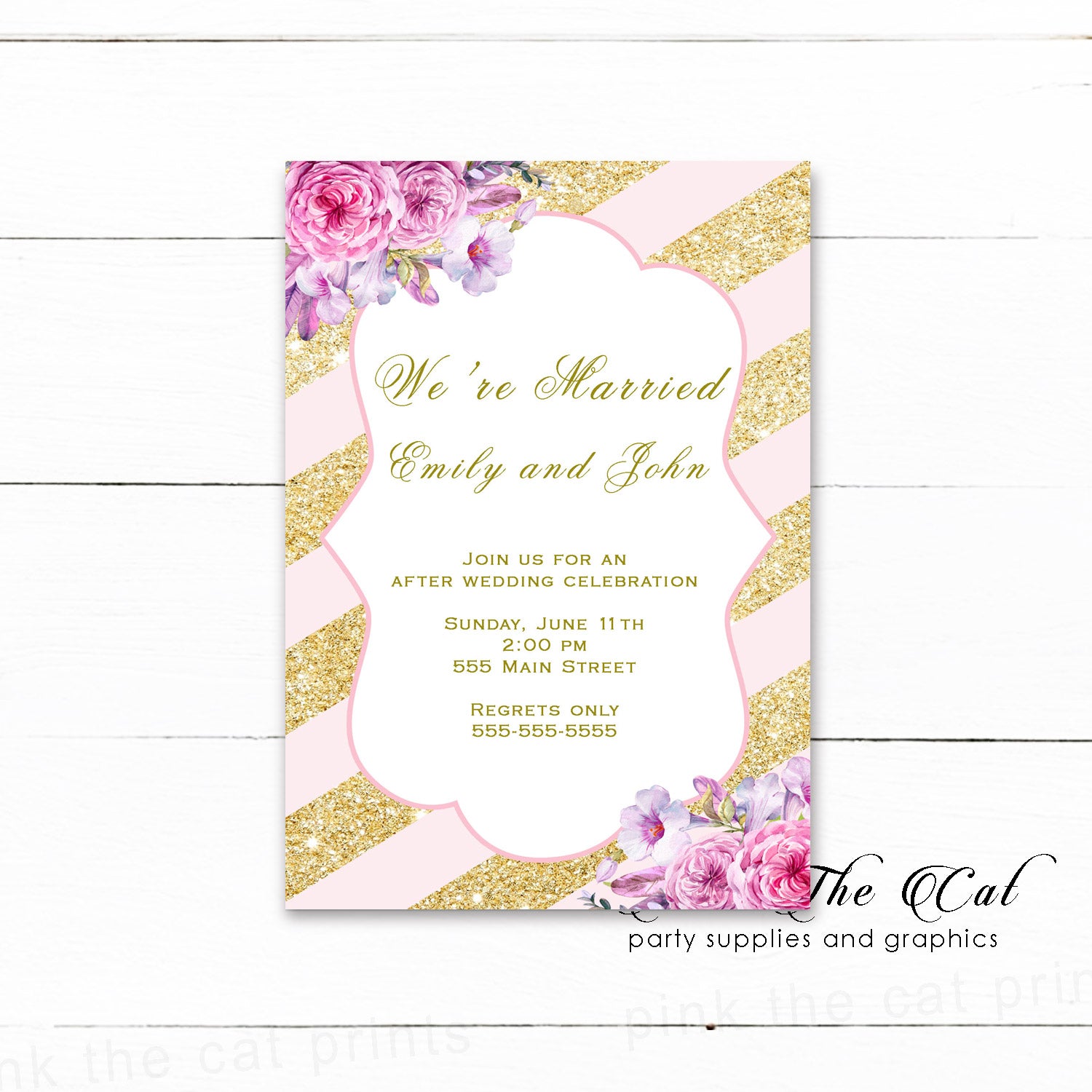 After wedding celebration invitations bush pink gold floral printable