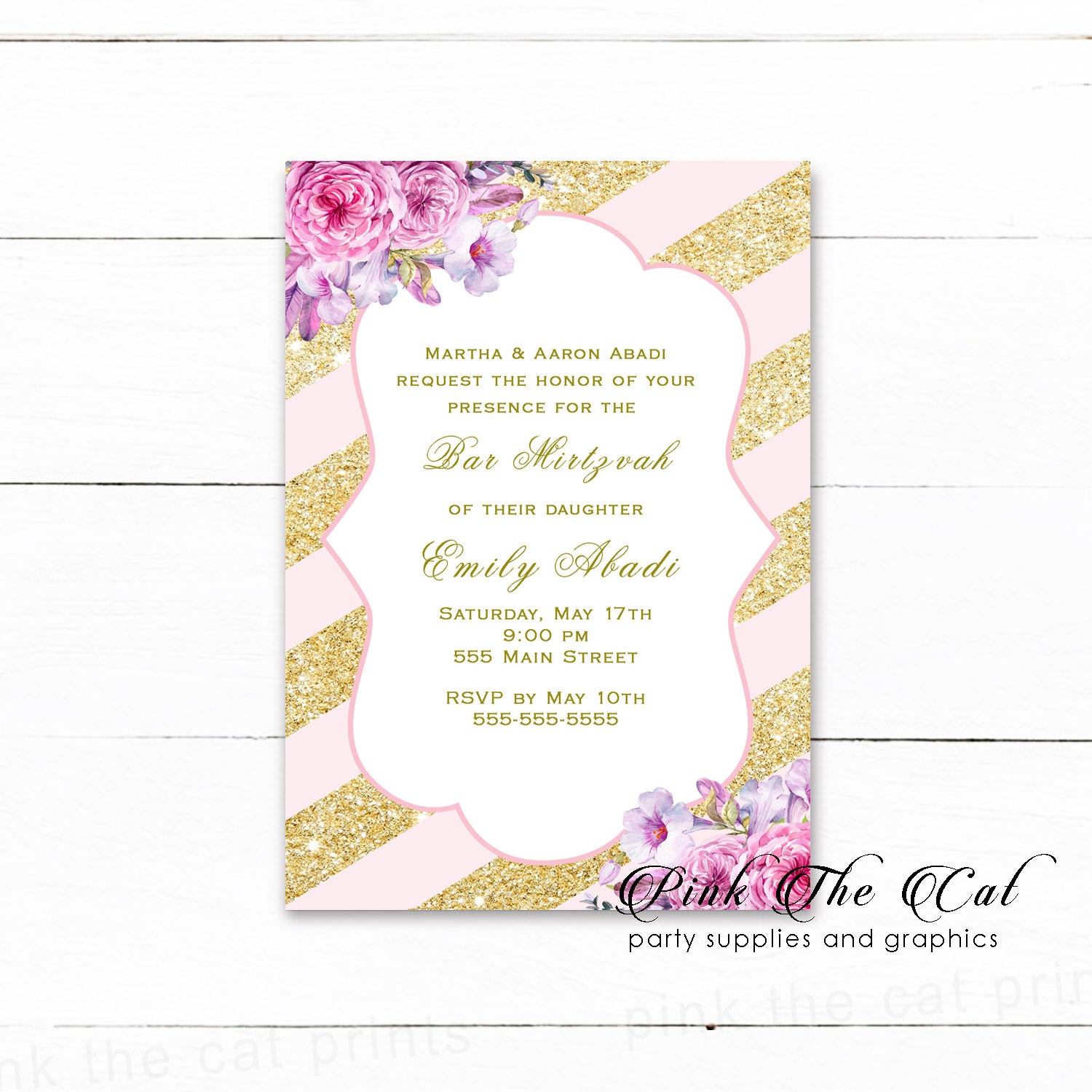 Bat mitzvah invitations birthday blush pink gold printable
