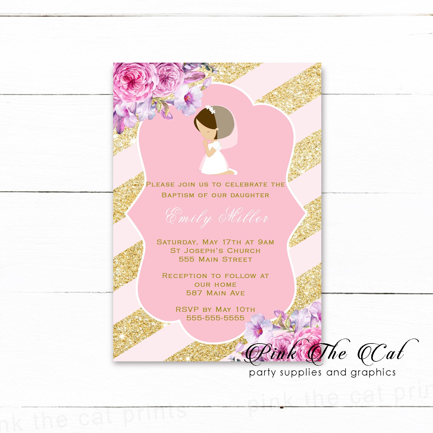 30 Girl praying first communion confirmation invitation pink gold