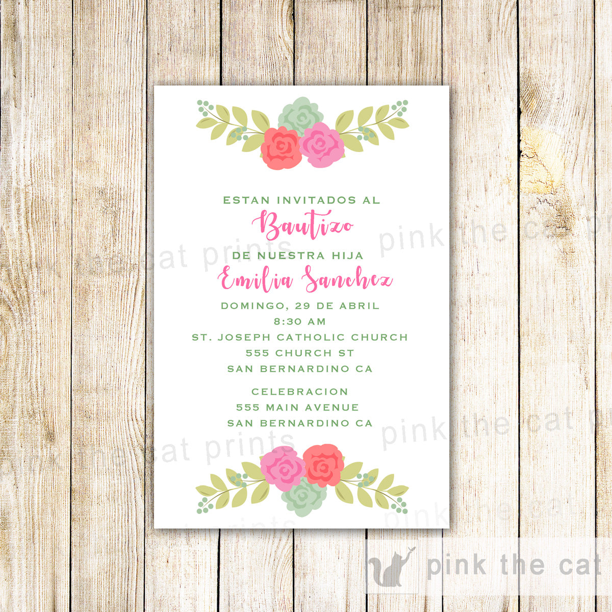 Floral Invitation Girl Baptism Christening Pink Mint