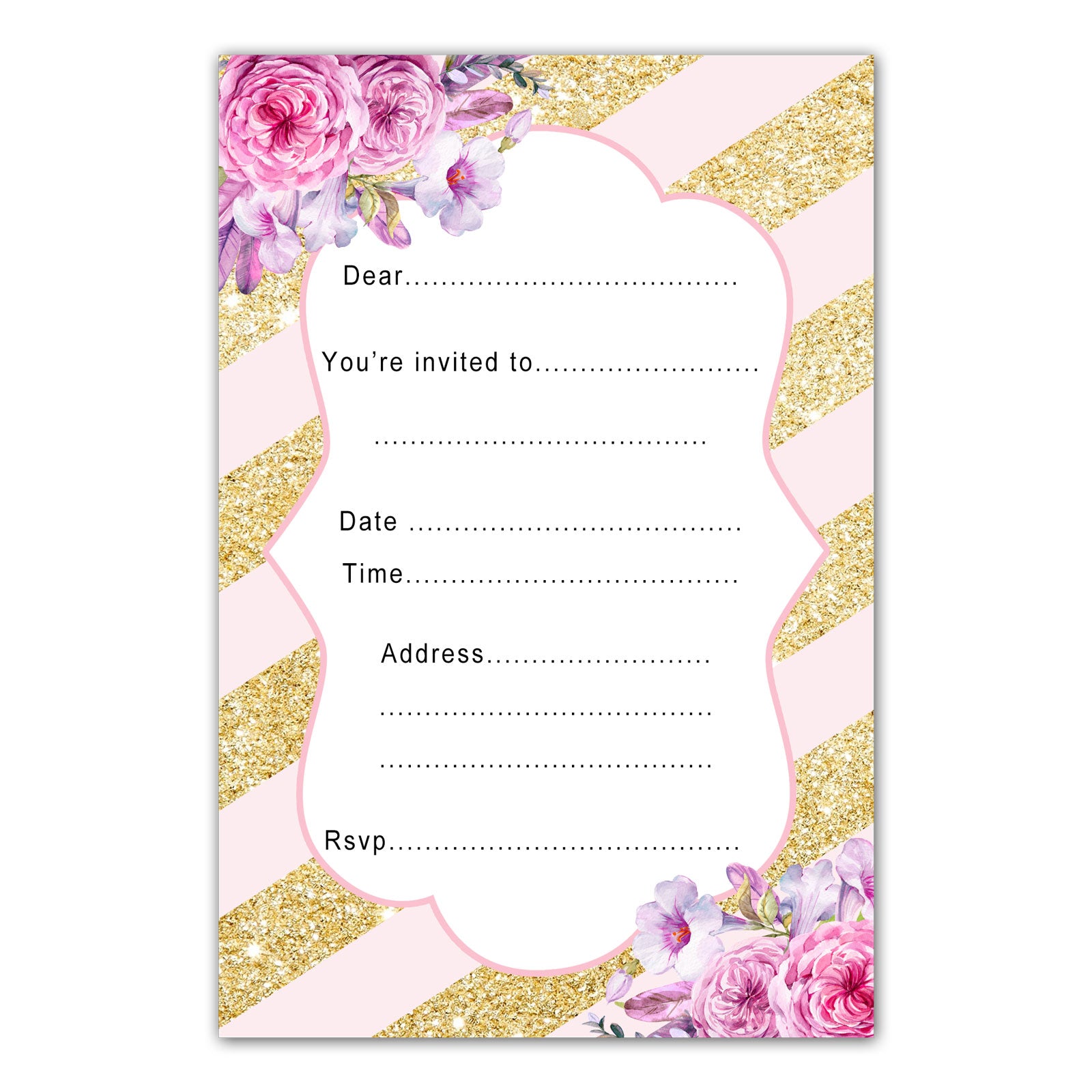 Blush pink gold girl birthday invitations fill in printable
