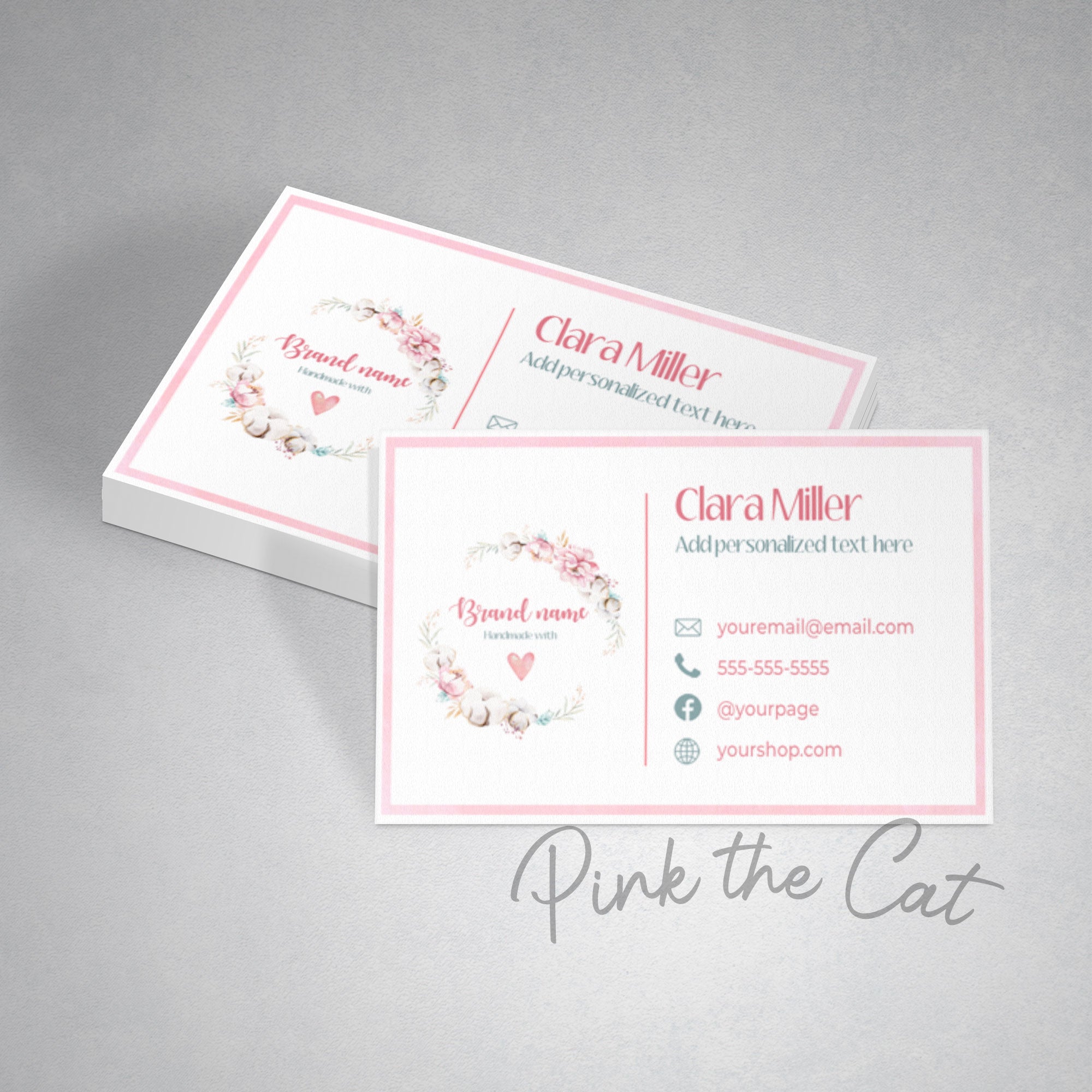 Floral business card wreath pink heart