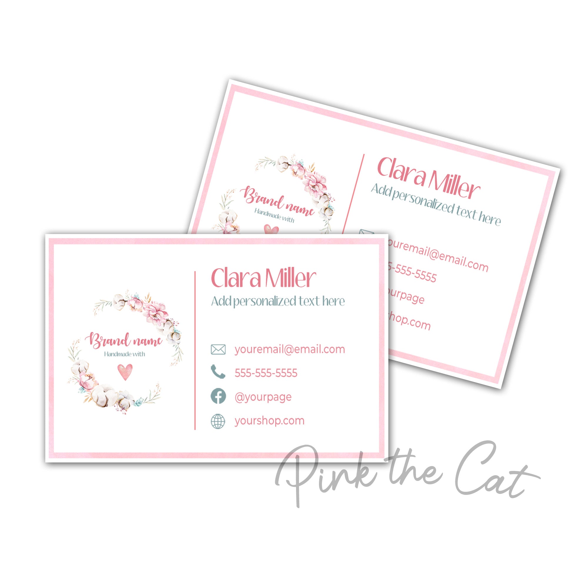 Floral business card wreath pink heart