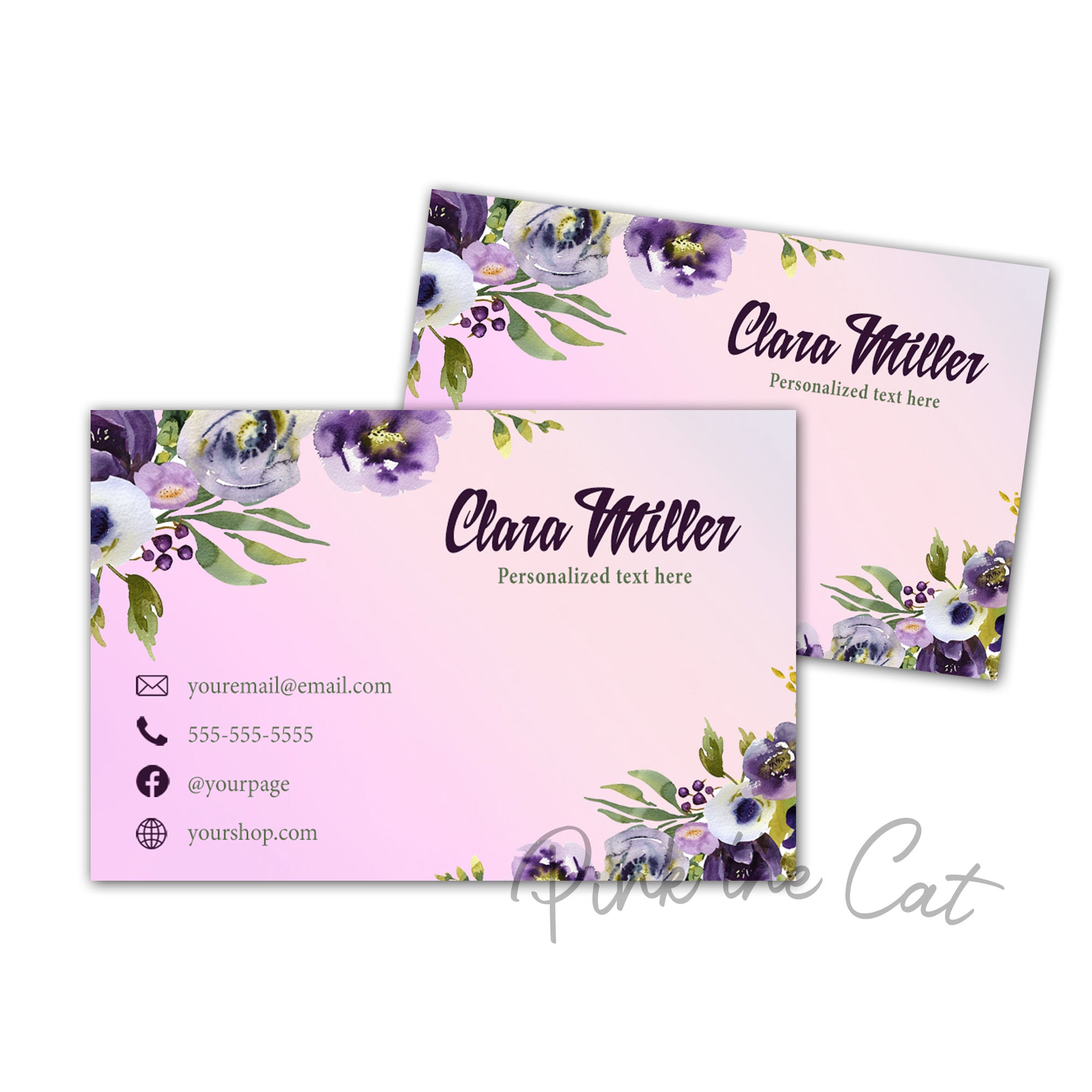 Floral business card wreath purple gold