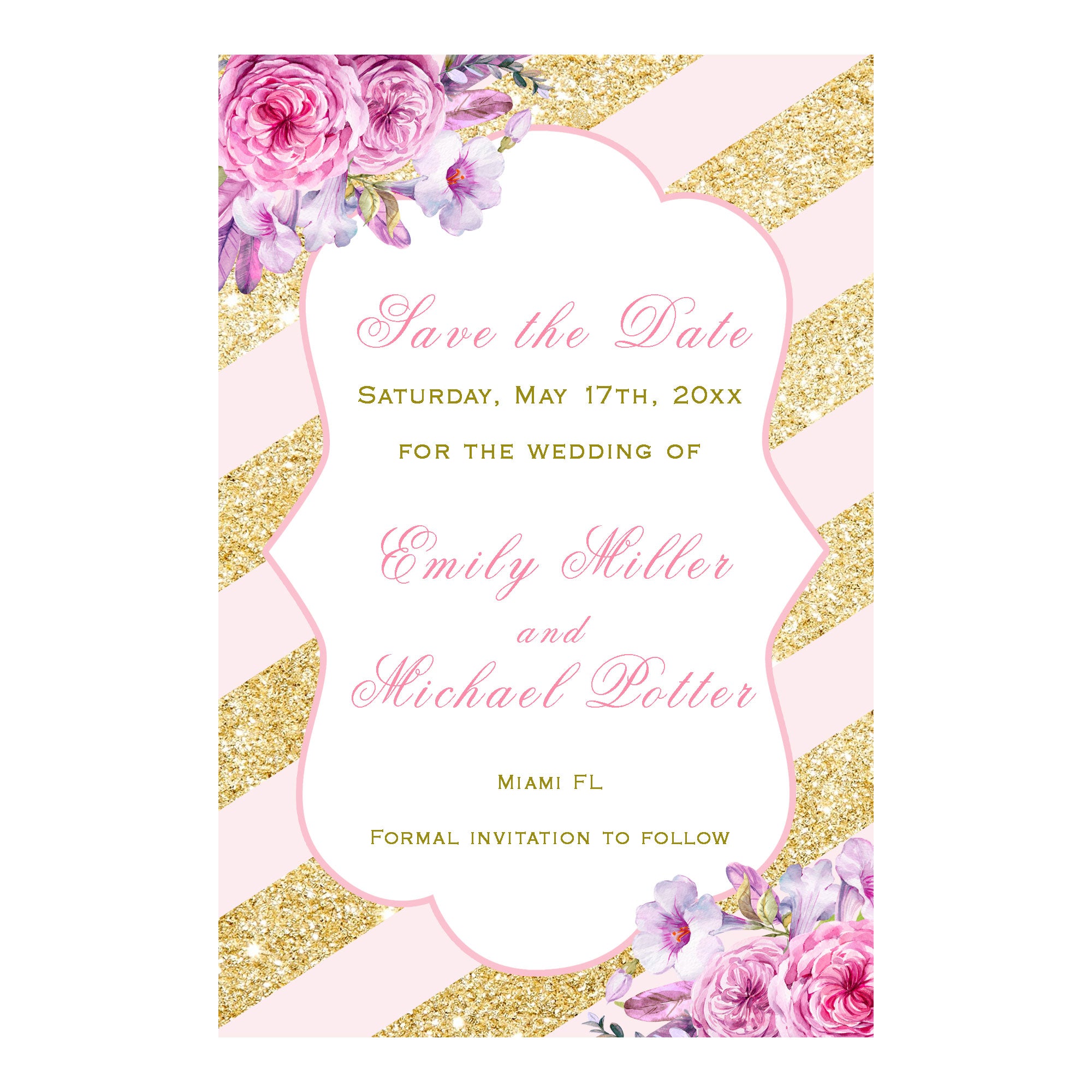 Save the date cards blush pink gold floral wedding