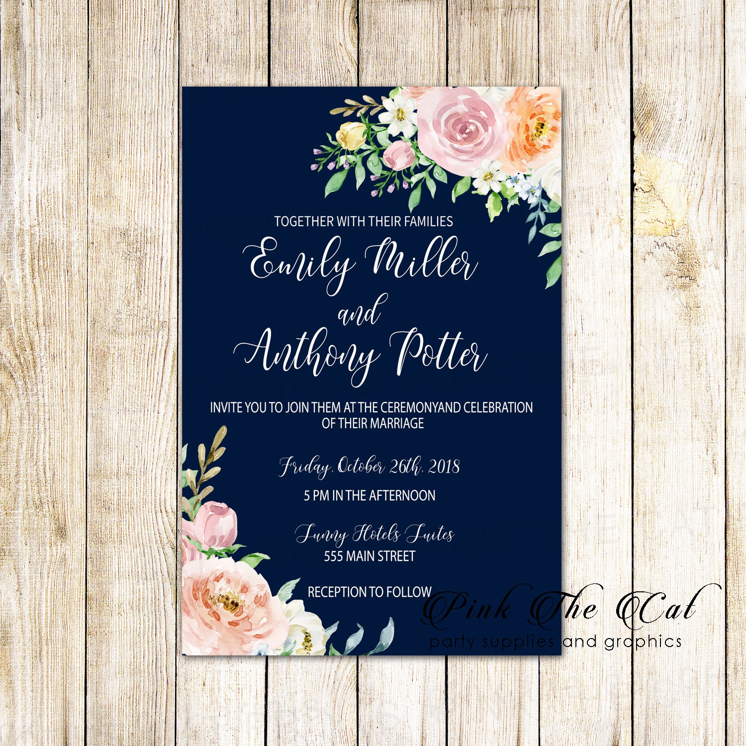 100 Wedding invitations navy blue blush pink floral & RSVP cards