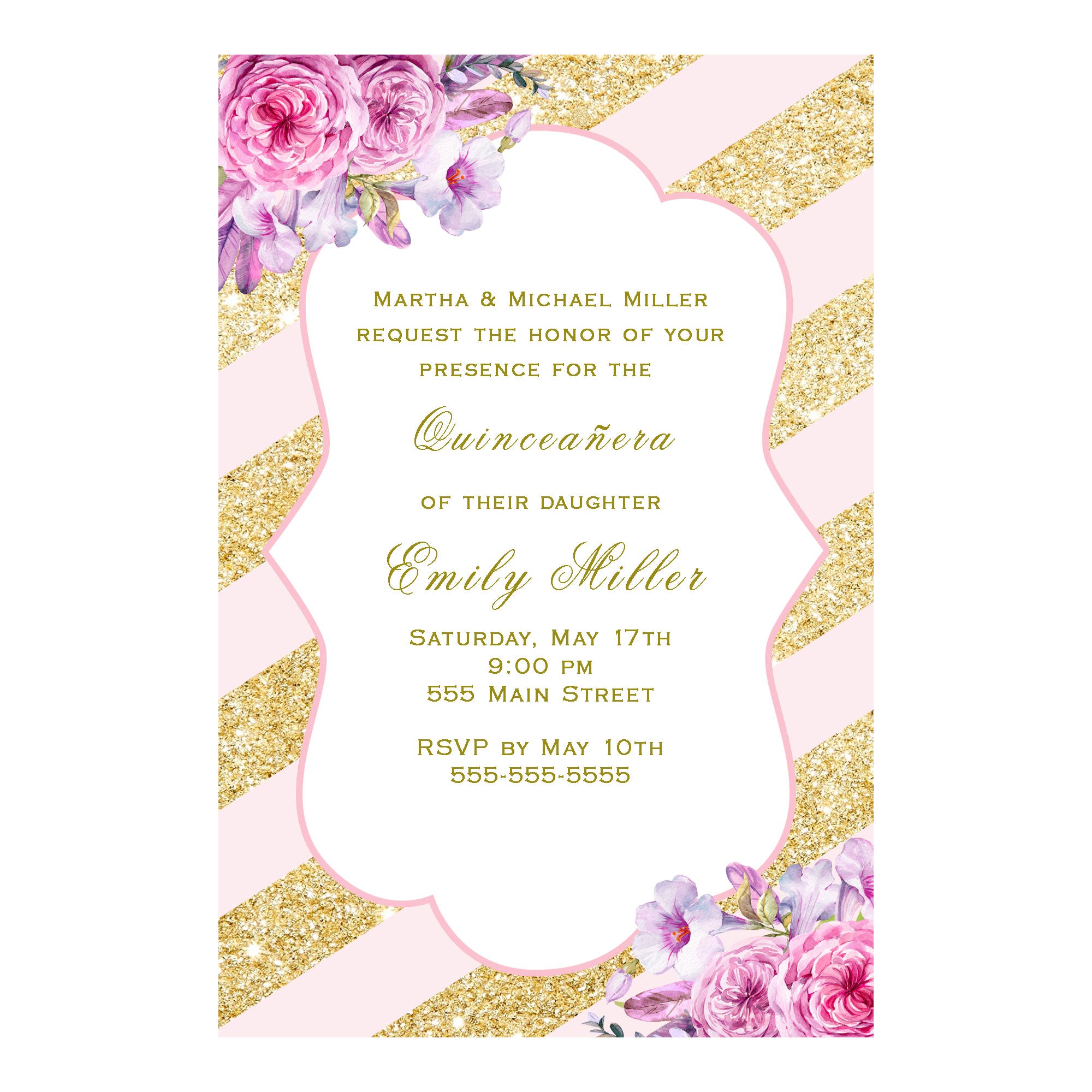 Sweet 16 quinceanera invitations pink gold floral printable – Pink the Cat