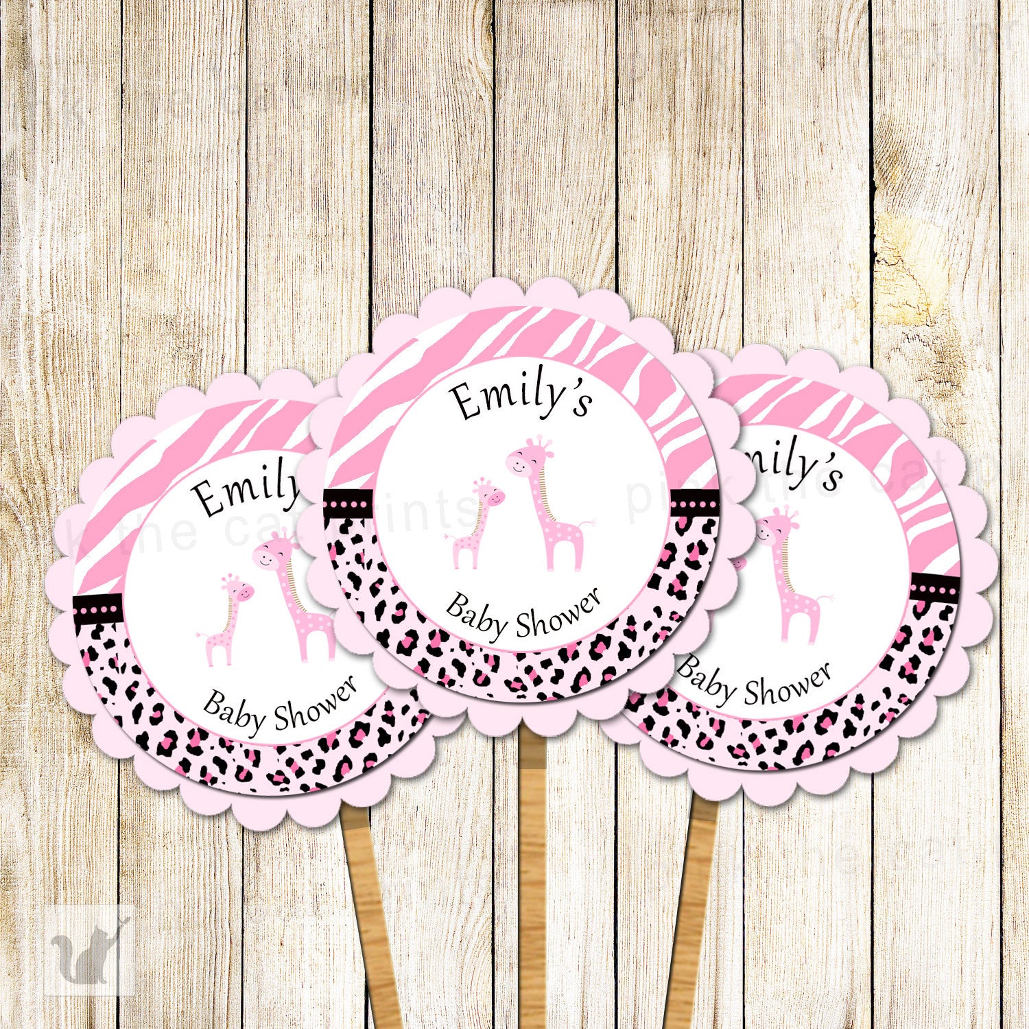 Giraffe Cupcake Topper Baby Girl Shower Pink Black Zebra