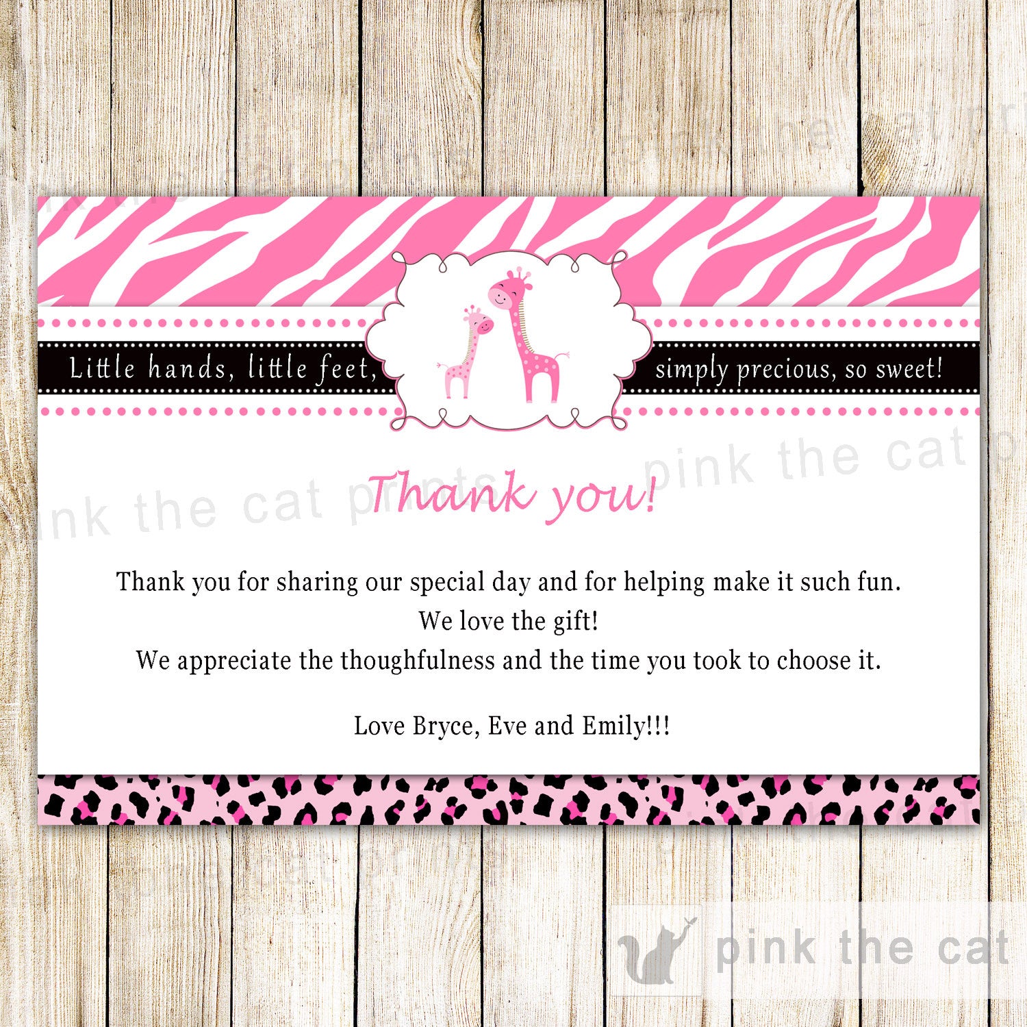 Giraffe Thank You Card Note Baby Girl Shower Pink Zebra