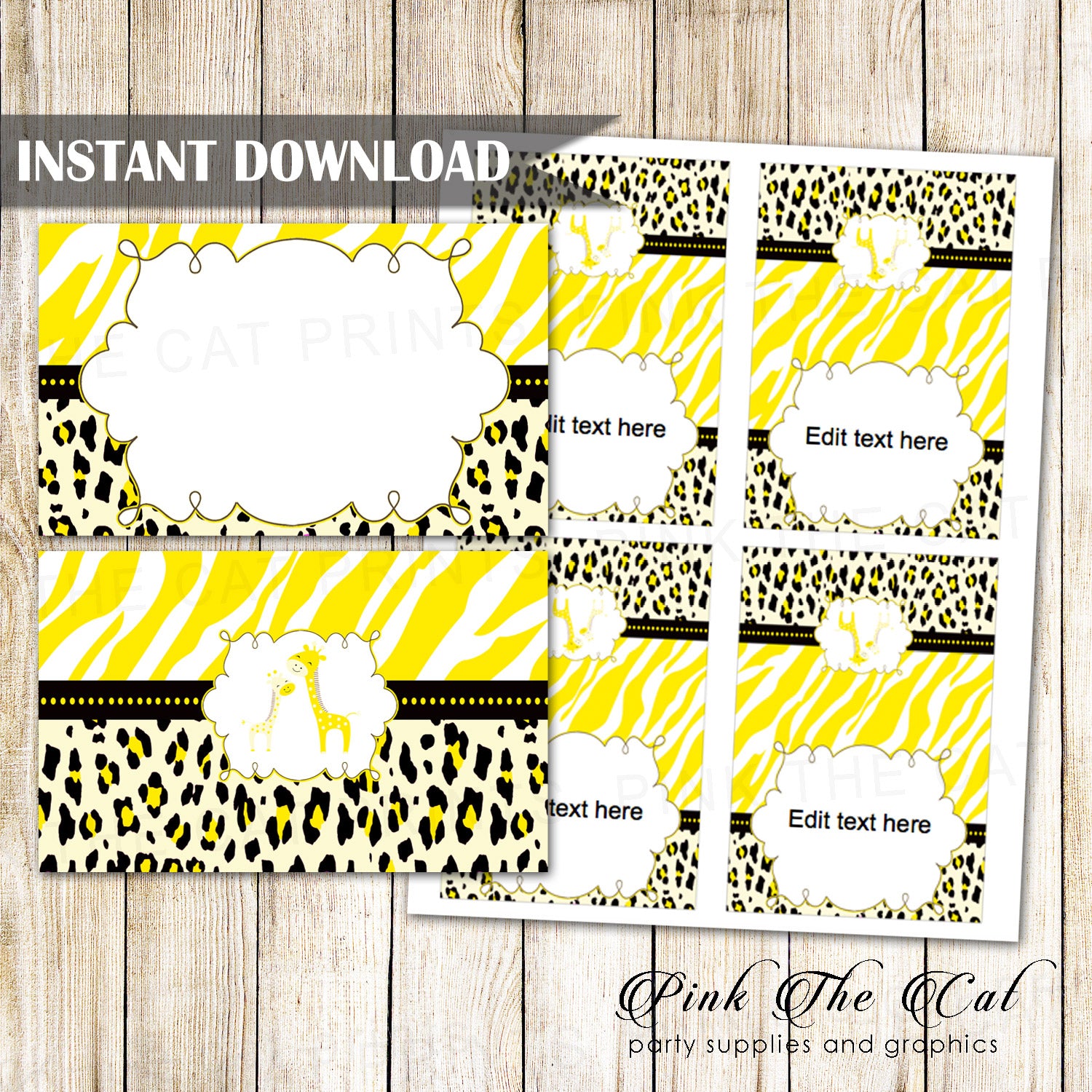 Yellow Black Giraffe Jungle Buffet Blank Tent Cards Printable
