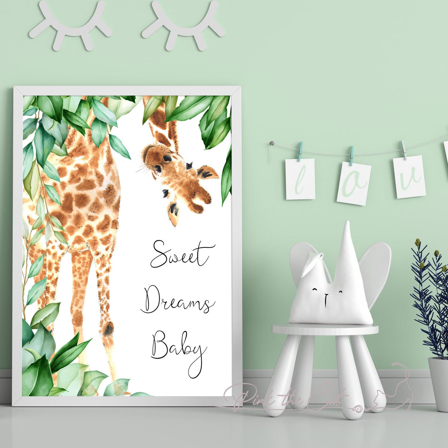 Giraffe nursery decoration kids baby sweet dreams watercolor wall