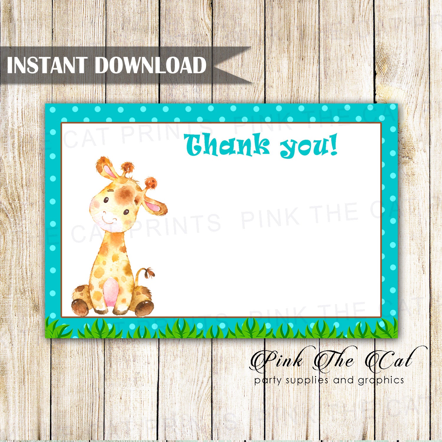 Giraffe Thank You Card Birthday Baby Shower Teal Printable