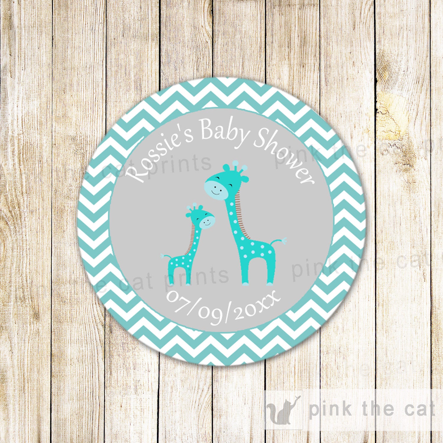 Giraffe Sticker Gift Favor Tag Label Baby Shower Teal Gray