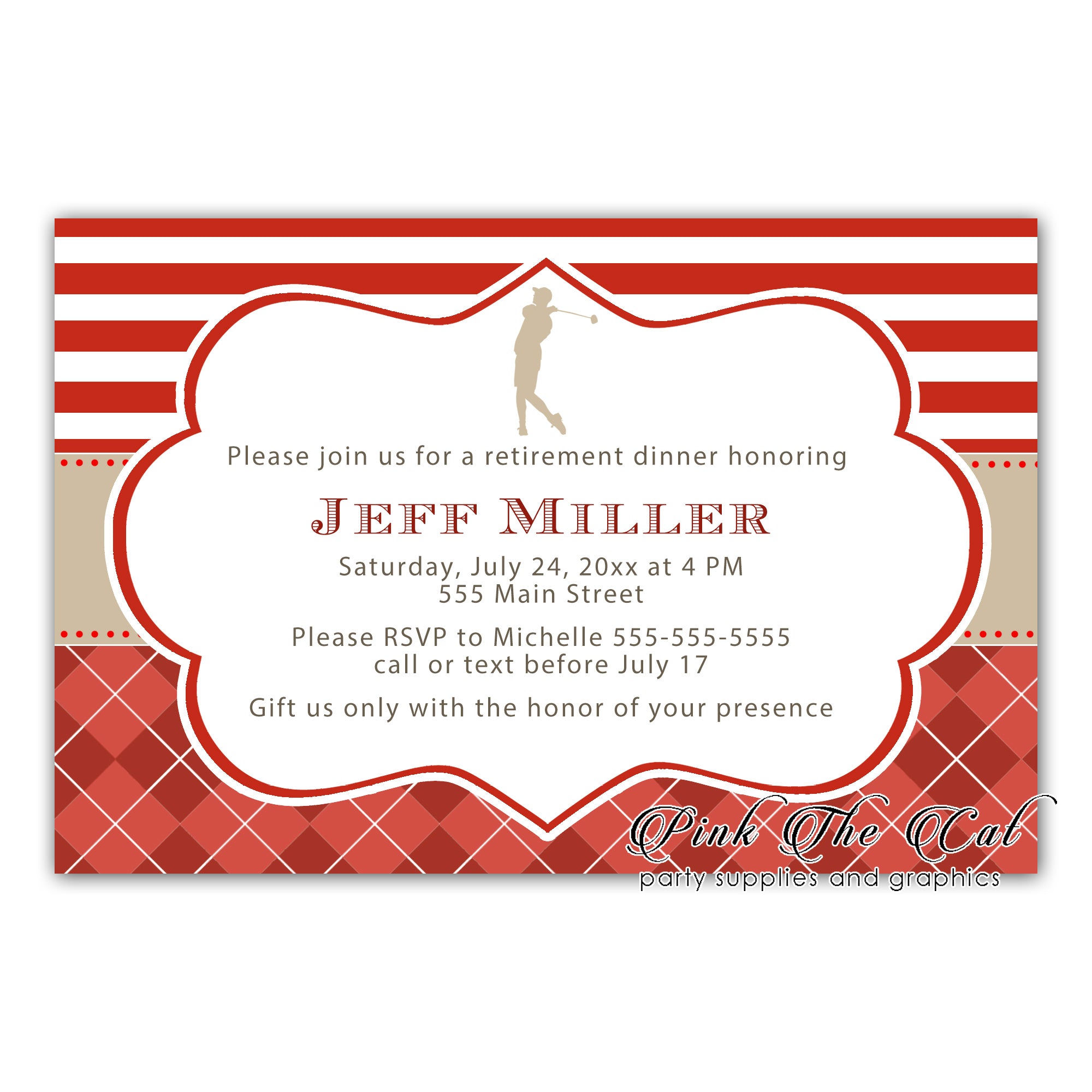 Golf invitation red gold printable