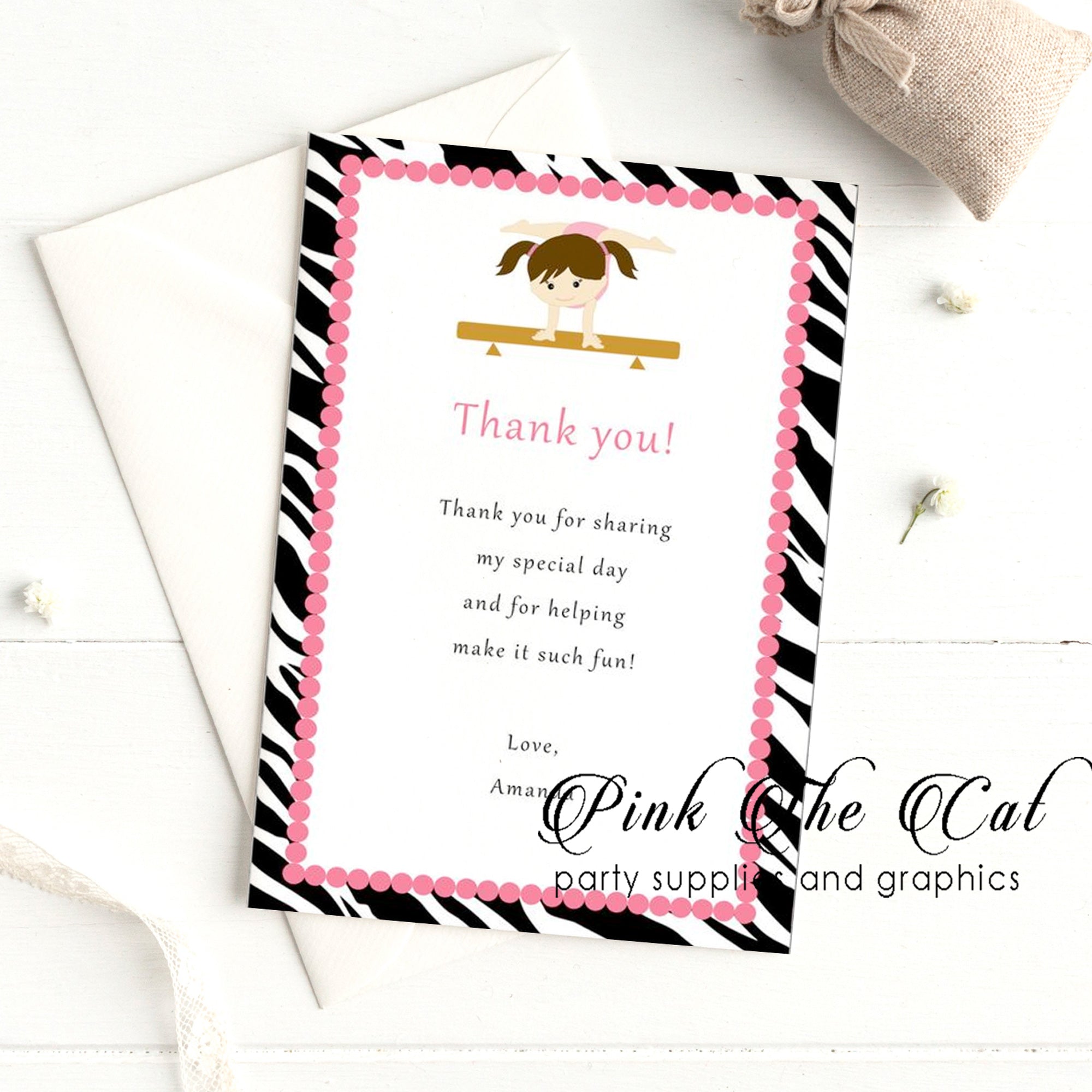 Gymnastics zebra thank you card printable