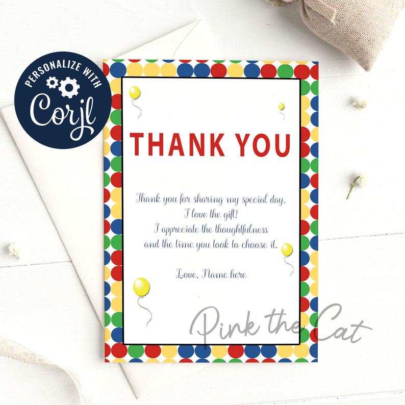 Thank You Card Primary Colors Kids Birthday Printable – Pink the Cat