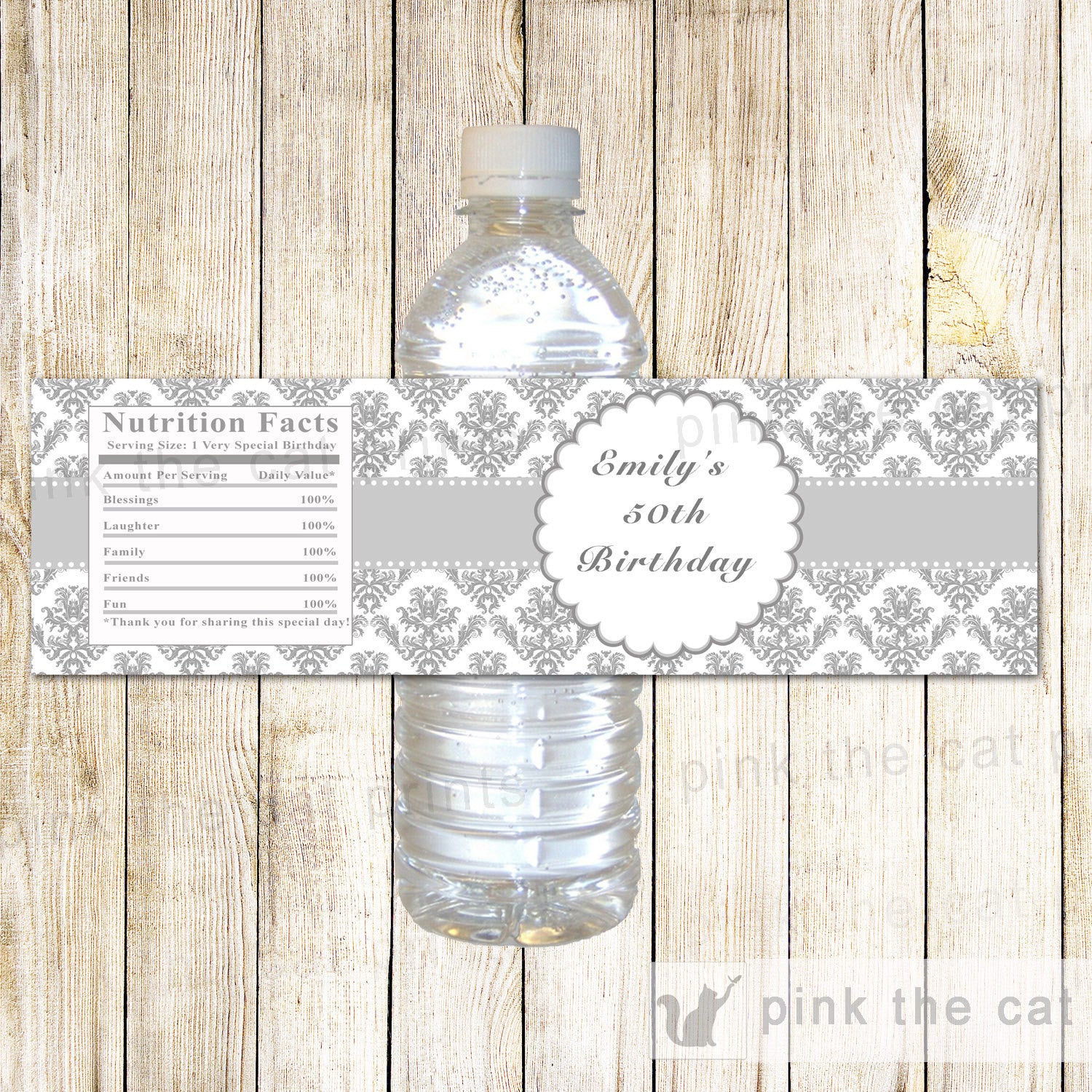 Grey Damask Adult Birthday Bottle Label
