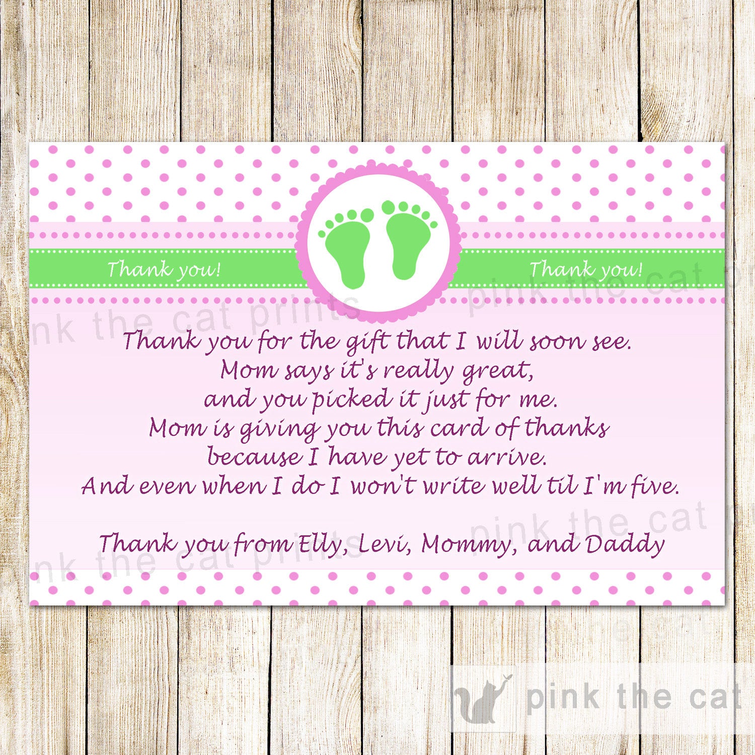 Pink Green Baby Shower Thank You Note Polka Dots Baby Feet