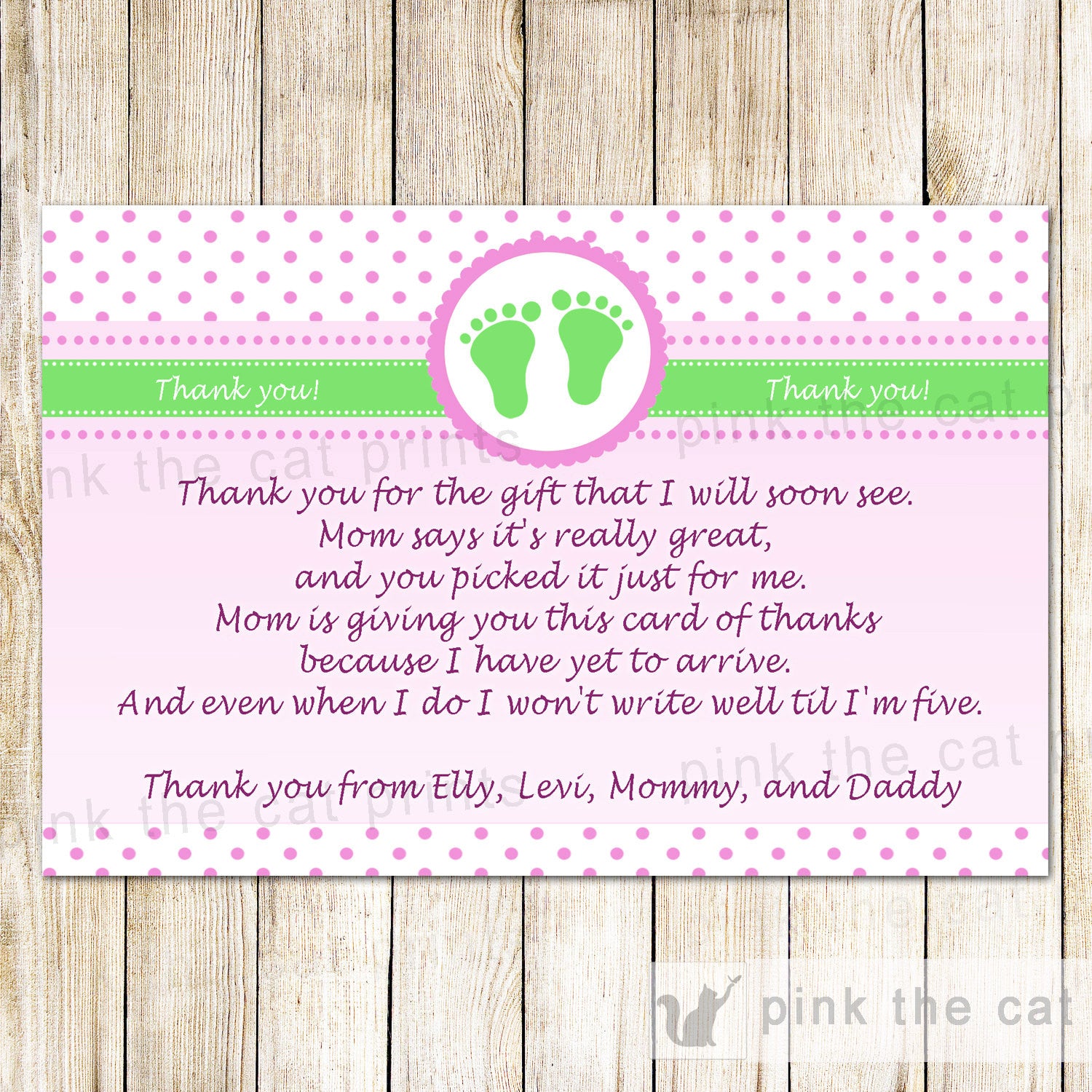 Green Baby Shower Note - Polka Dots Baby Feet Greeting – Pink the Cat