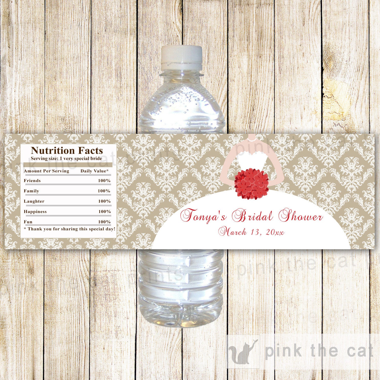 Gold Red Dress Bridal Shower Bottle Label