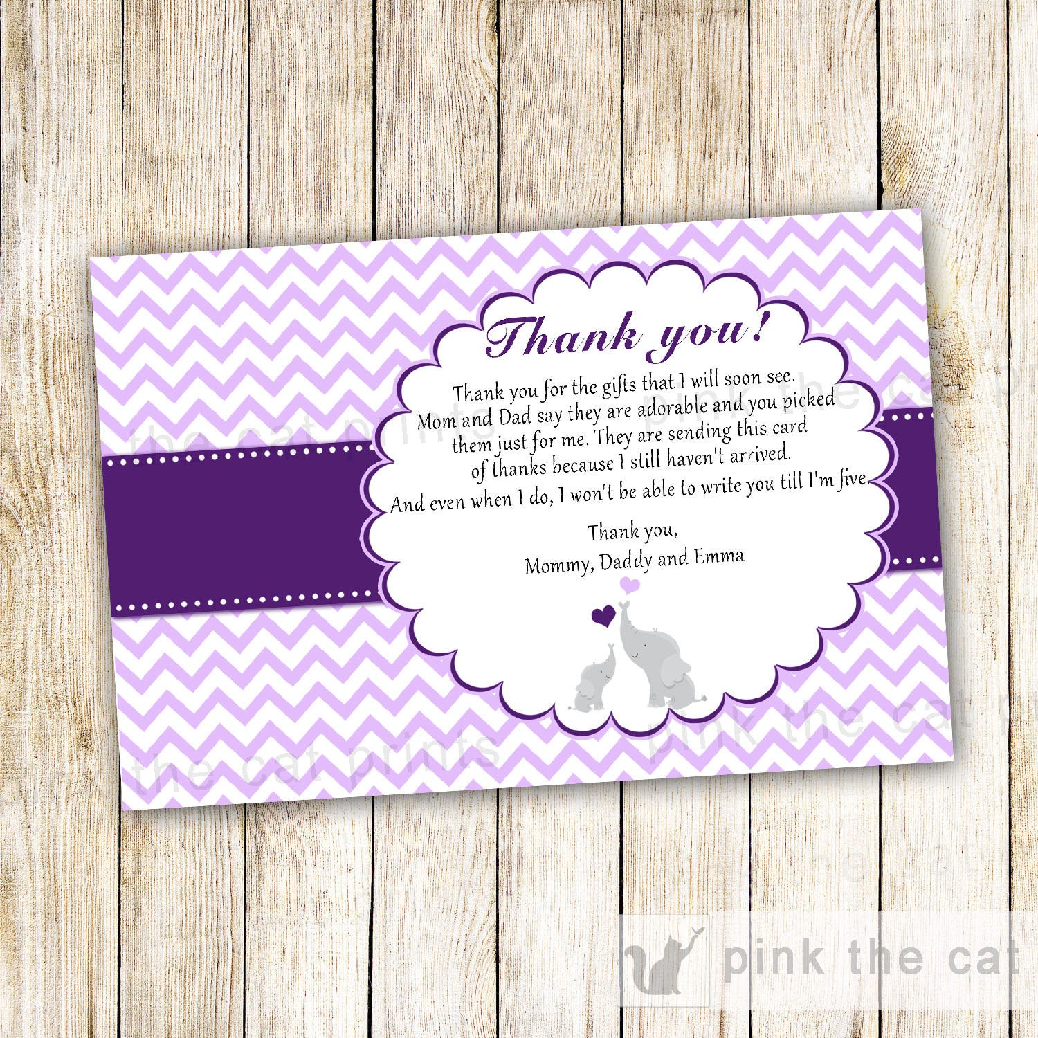 Elephant Thank You Note Card Baby Girl Shower Purple Chevron