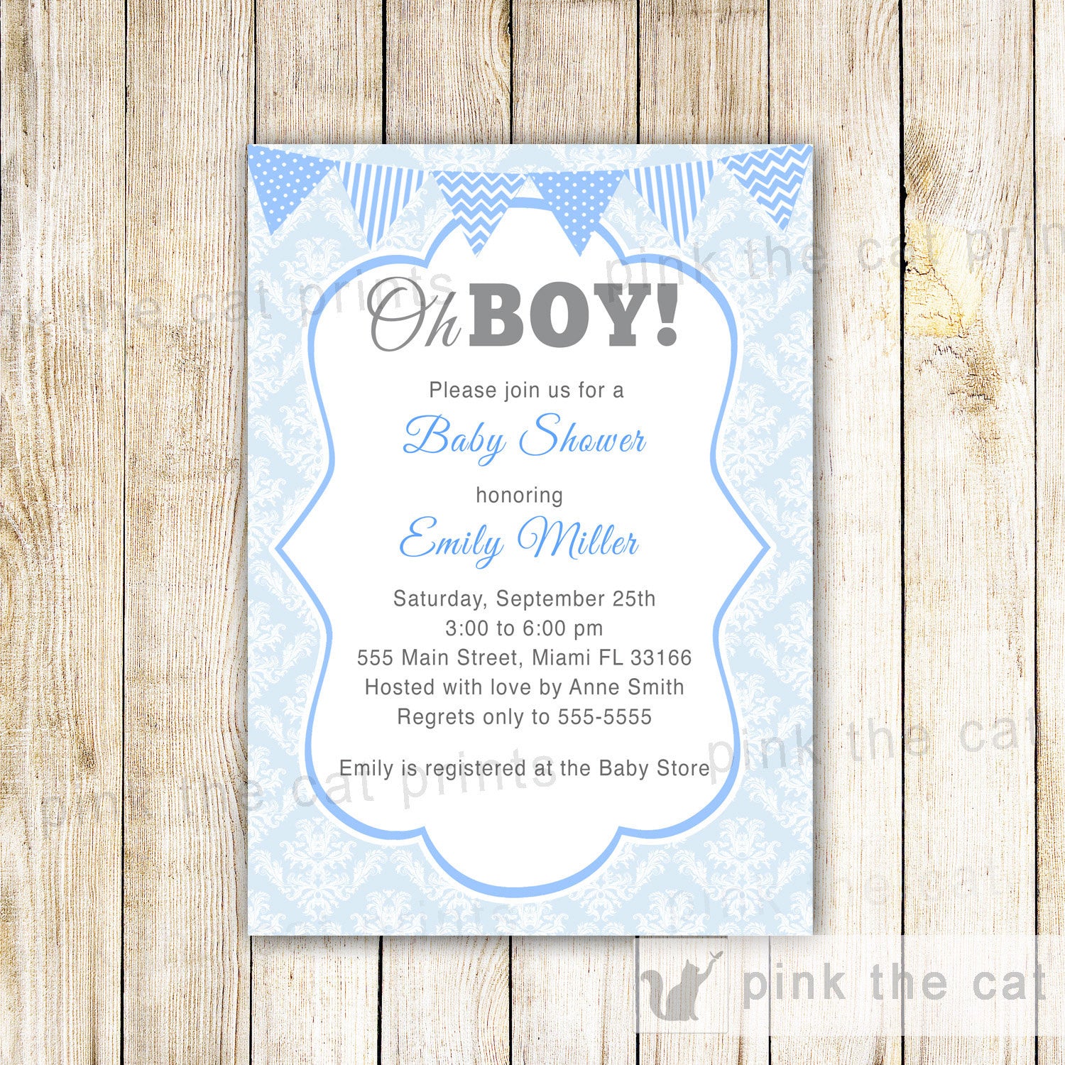Oh Boy Invitation Blue White Damask Baby Boy Shower – Pink the Cat