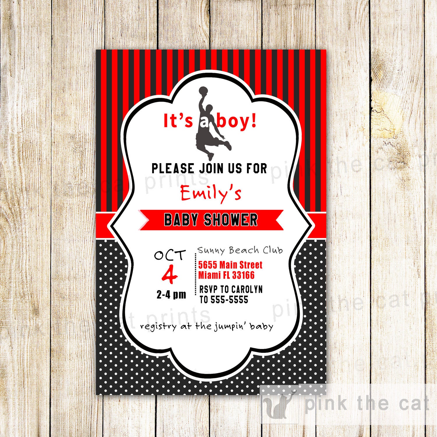 Basketball Invitation Card Boy Birthday Baby Shower Red Black