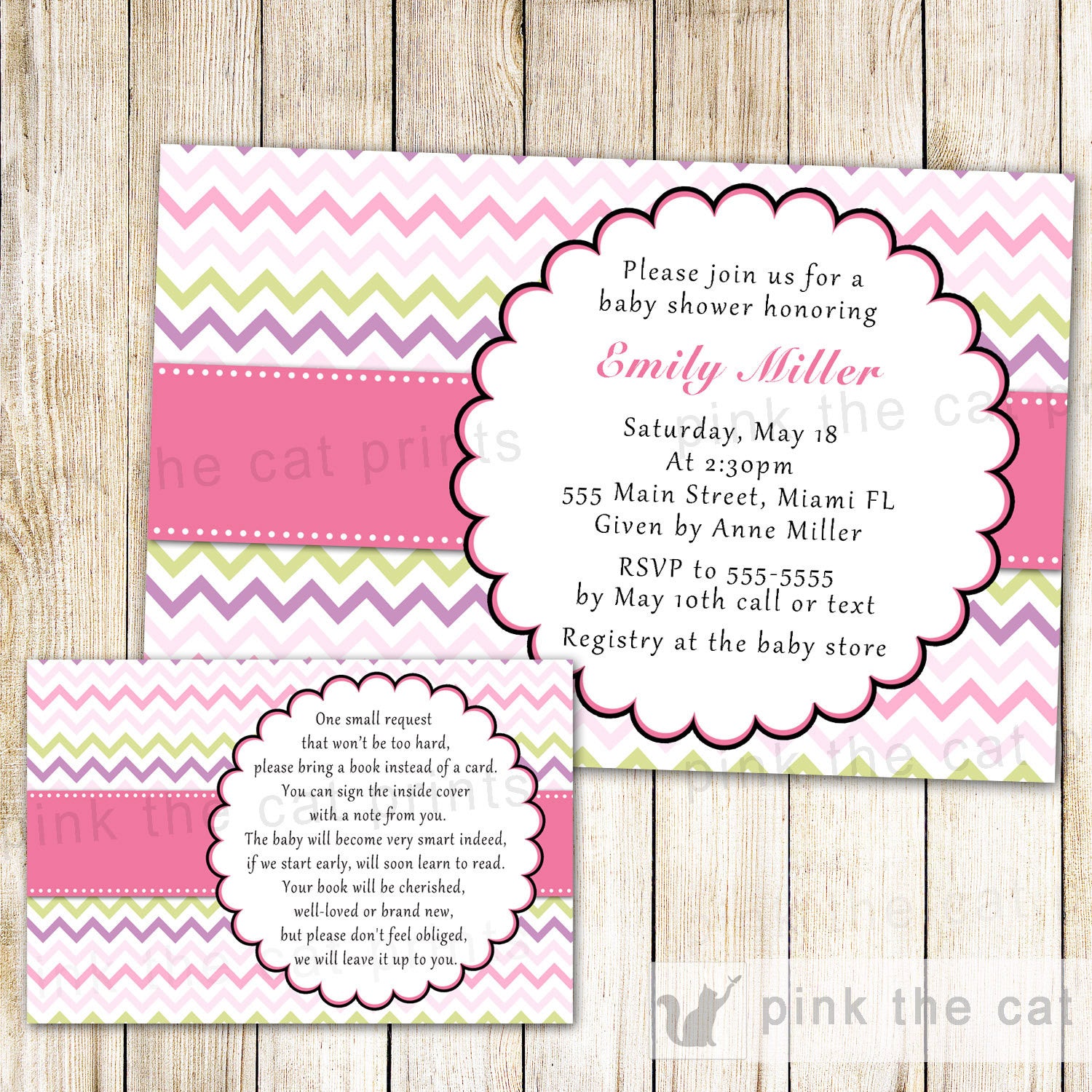 Chevron Baby Girl Shower Invitation & Bring a Book Card Pink Green – Pink the Cat chevron-baby-girl-shower-invitation-bring-a-book-card-pink-green-pink-the-cat