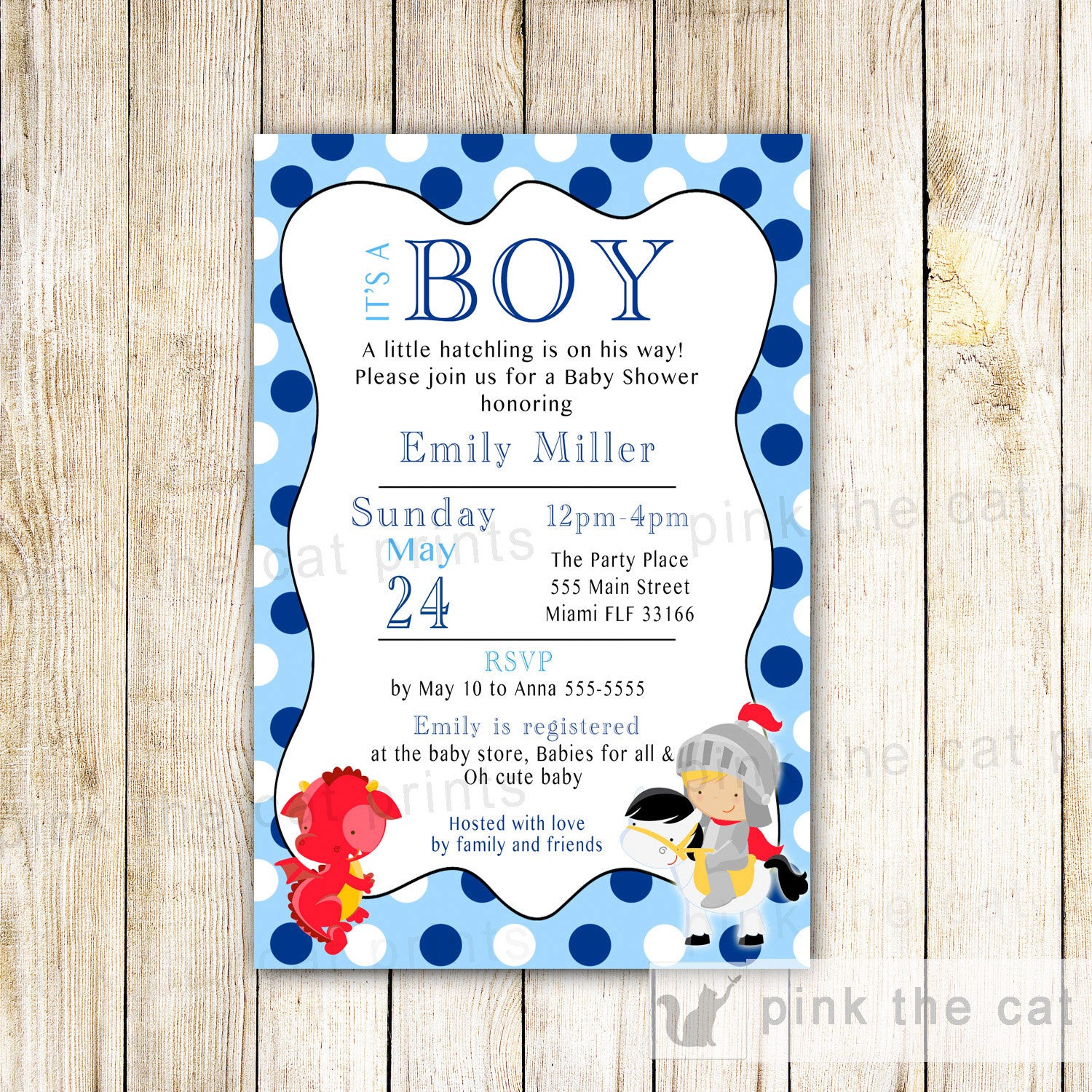 Dragon Knight Invitation Baby Boy Shower Red Blue – Pink the Cat