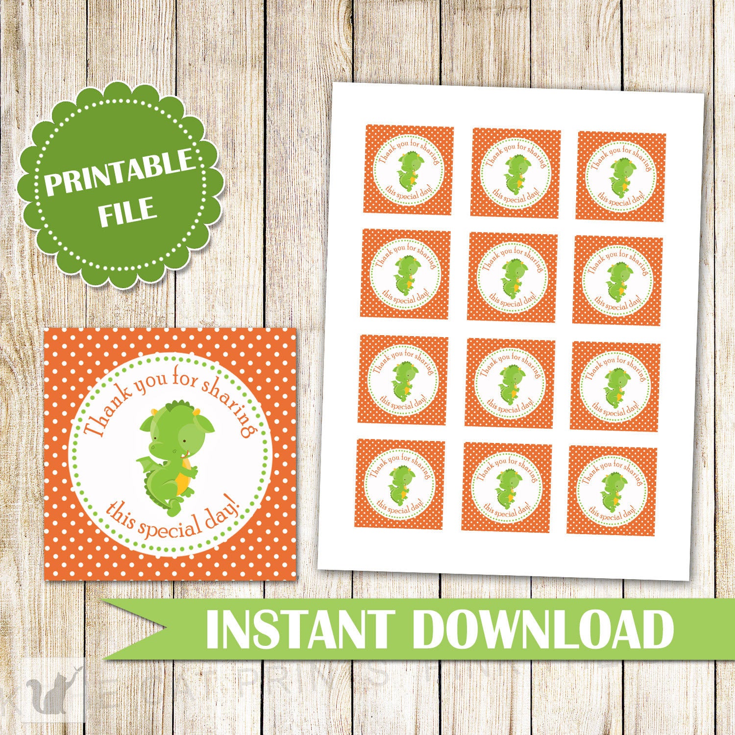 INSTANT DOWNLOAD Green Dragon Party Thank You Tag - Orange Polka Dot Square  Tag Birthday Party Favor Baby Shower Favor DIY Party Decoration