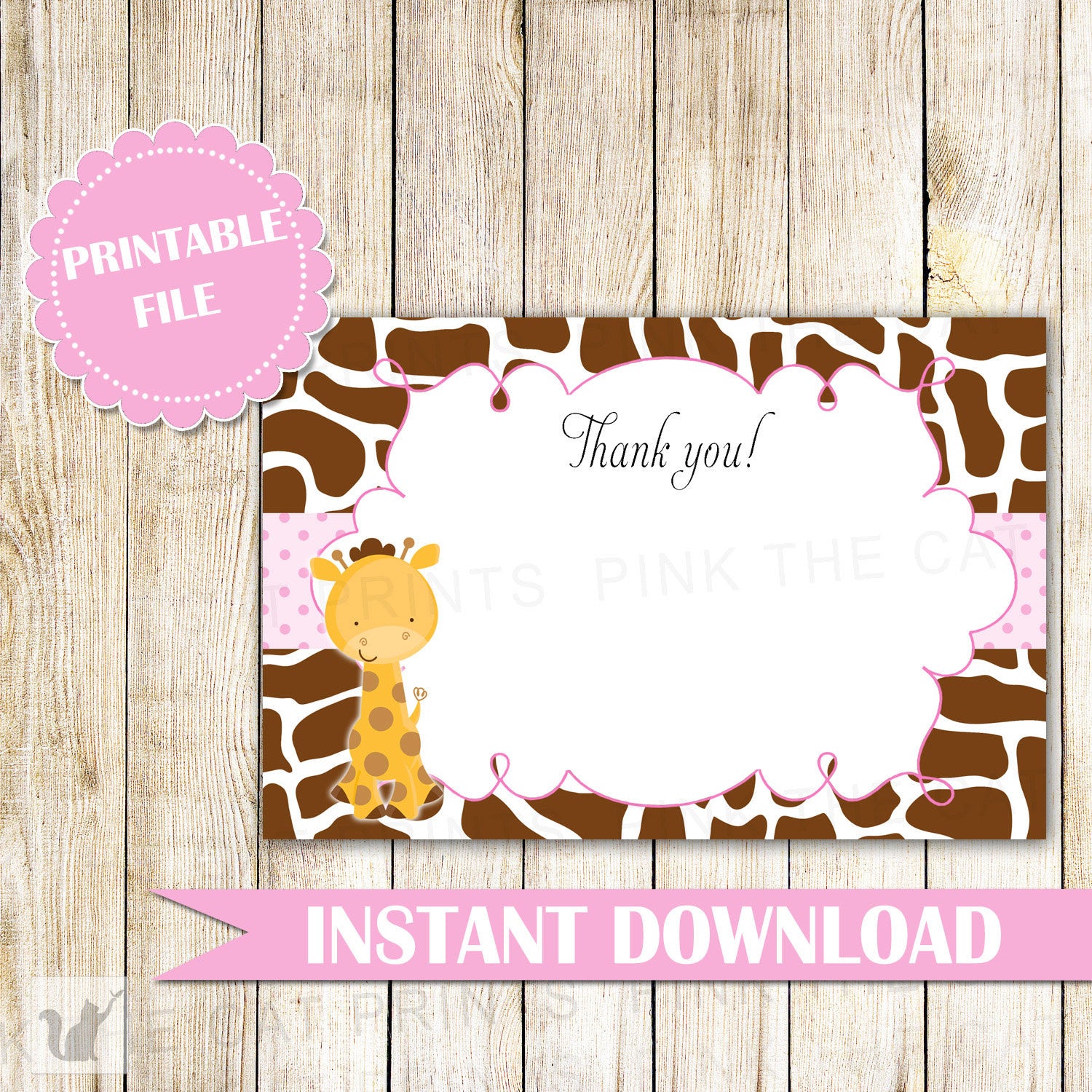Giraffe Thank You Card Giraffe Baby Shower Giraffe Birthday Party Baby Girl Spinkle Thank You Notes Printable File INSTANT DOWNLOAD
