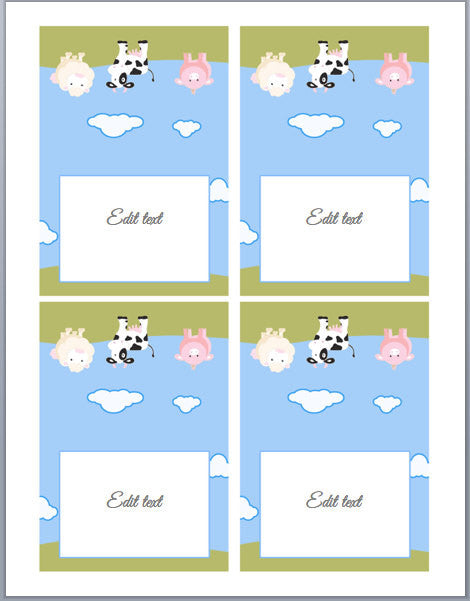Farm Animals Buffet Food Label Place Seating Name Card Birthday Baby Shower